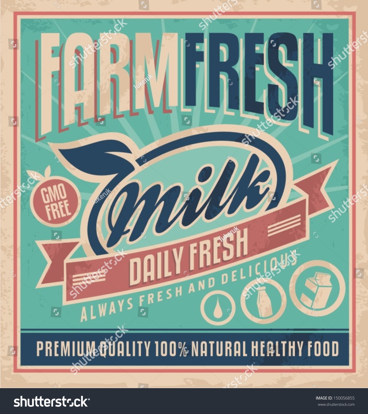 Retro farm fresh milk concept. Vector design for gmo free organic products on old paper texture. Vintage label for premium quality 100 % natural healthy food.