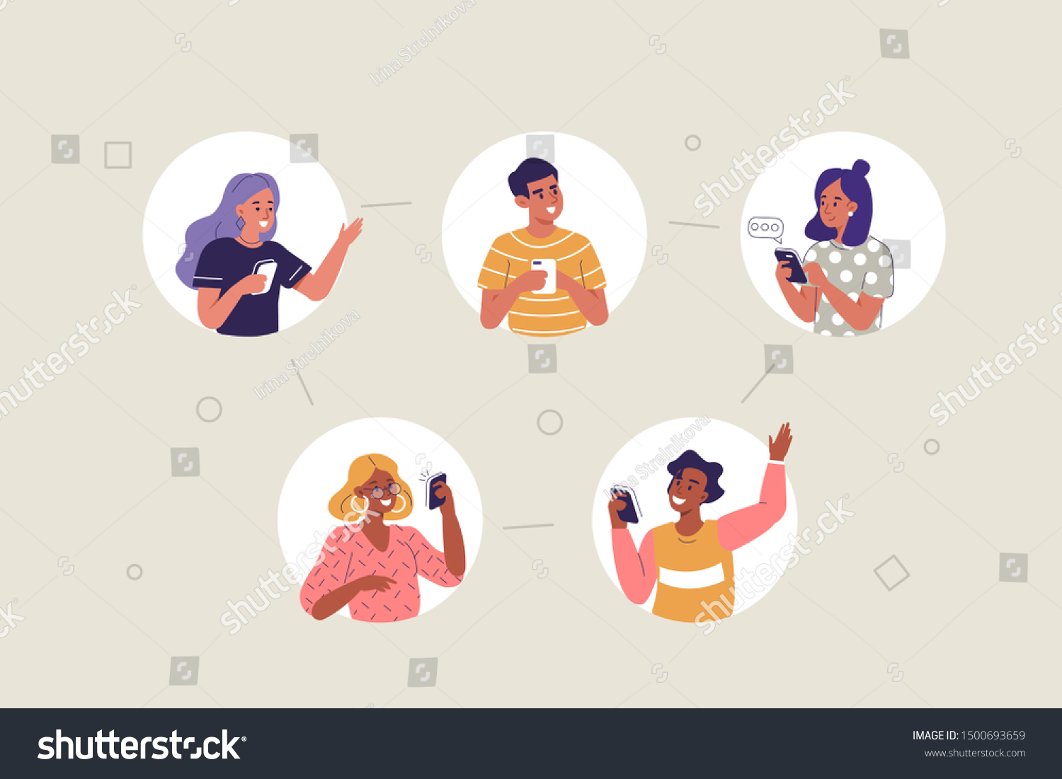 People Characters using Mobile App for Dating and Communication. Woman and man chatting on smartphones. Friends Talking and Laughing together. Social Media Concept. Flat Cartoon Vector Illustration.
