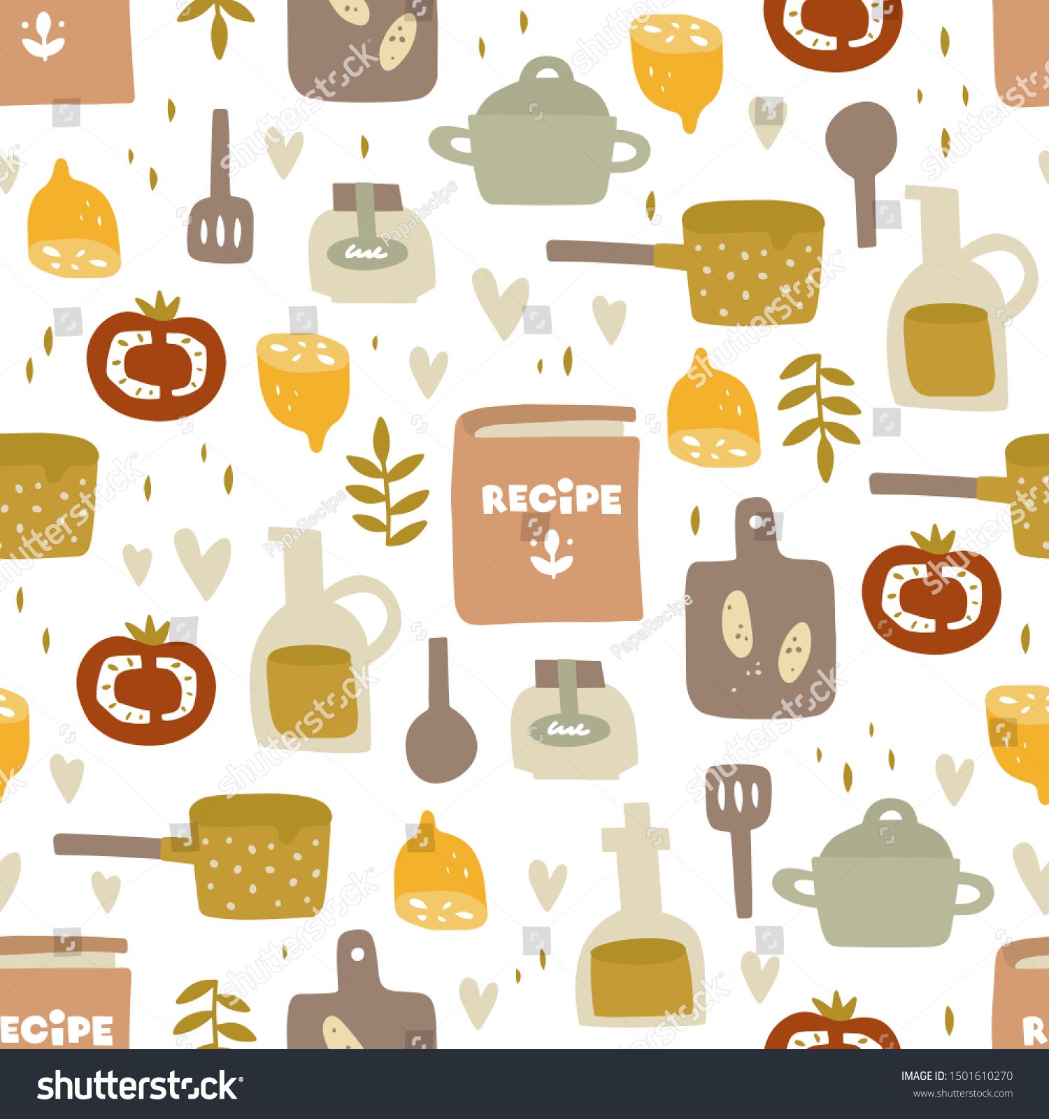 Hand drawn vector seamless pattern. Pan  cutting board with baguette  a bottle of olive oil  recipe book. Cooking  cozy recipes  healthy food  holidays. Background fill  wrapping paper in flat style. 