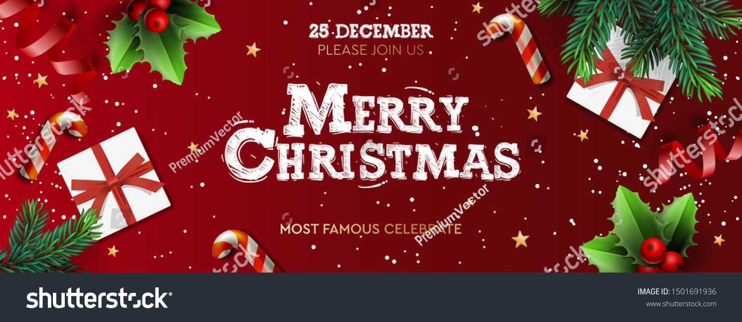 新年快乐横幅 圣诞节街 带礼物盒 绿松树 糖果棒和霍莉·贝里。横向圣诞节海报 贺卡 标题 网站。从上方查看的对象