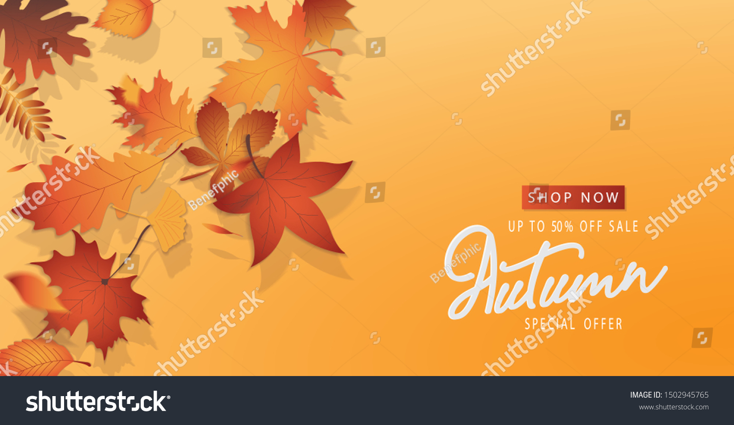 Autumn sale digital luxury poster. Banner sale advertising with orange gold falling leaves. 3D space graphic on orange background. Vector illustration.