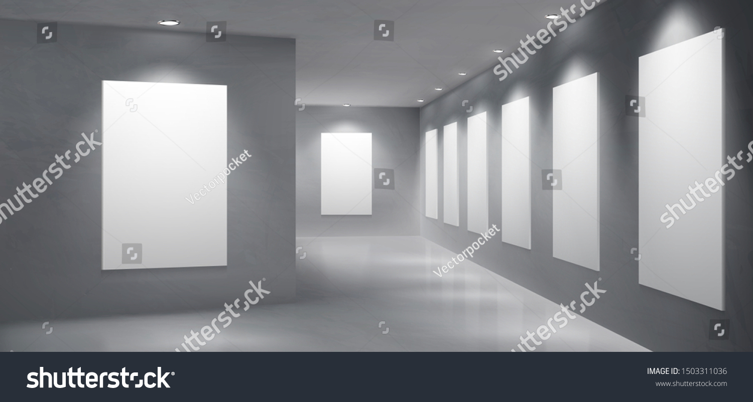 Art gallery  museum exhibition hall empty interior with painting  photography blank white  clean frames hanging on wall  illuminated round spotlight lamps from ceiling 3d realistic vector illustration
