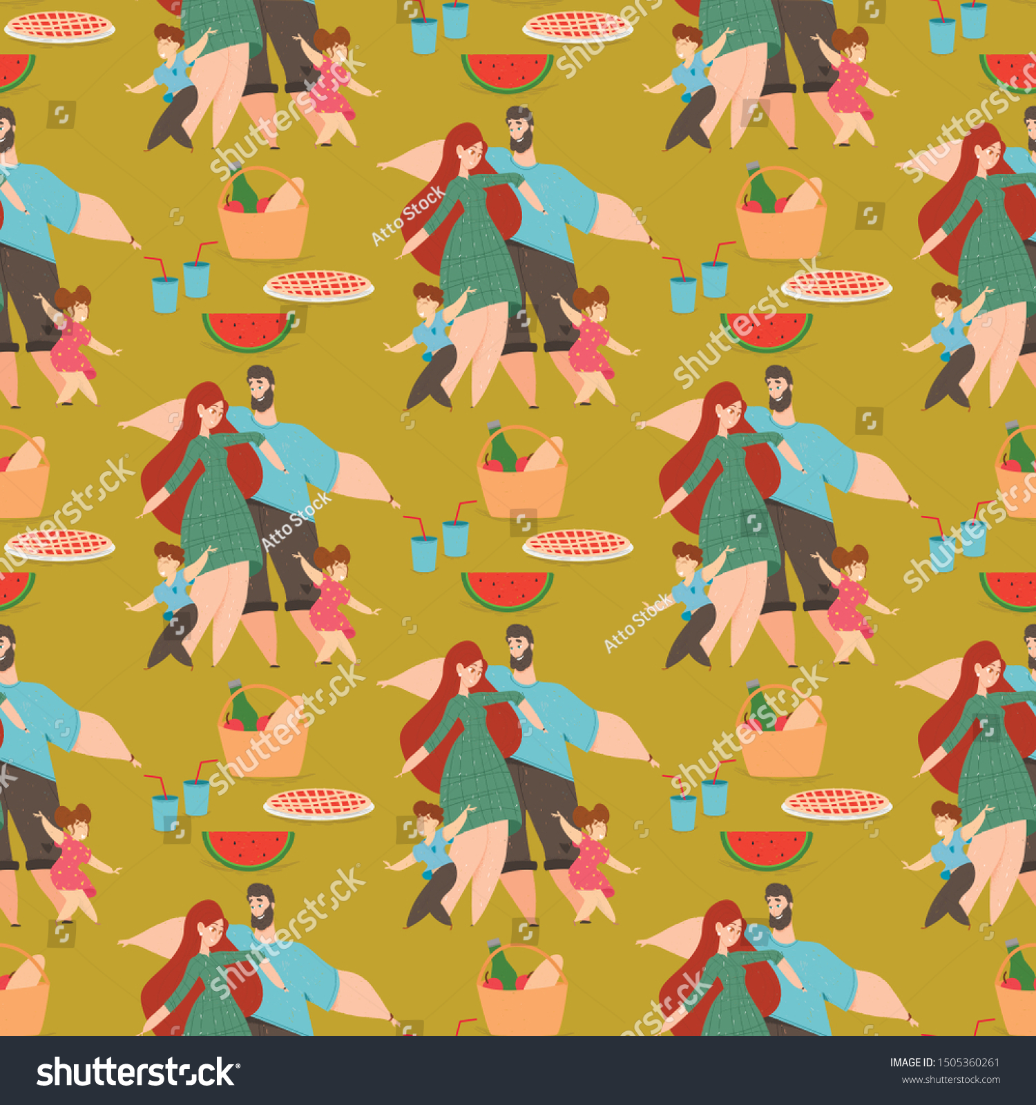 Seamless Pattern Happy Family on Picnic. Parents and Children with Food Basket on Green Grass Background. Cute Wallpaper Design  Summer Time Weekend Textile Ornament. Cartoon Flat Vector Illustration
