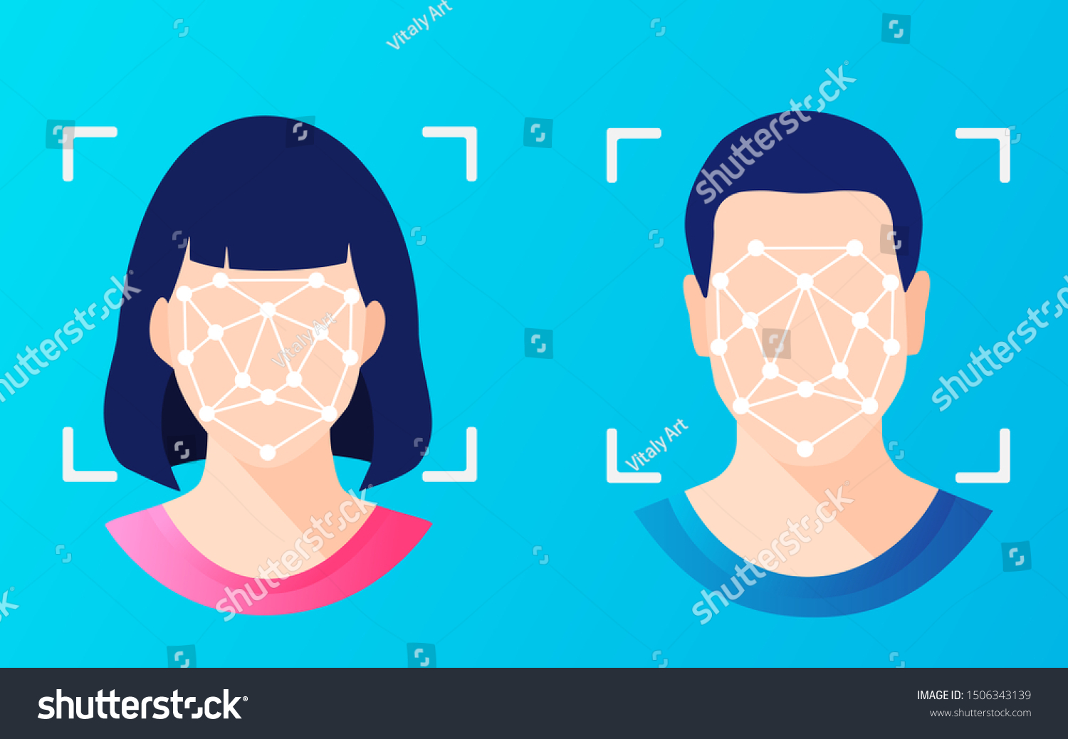 Face ID  facial recognition  biometric identification  personal verification  cyber protection  identity detection AI algorithms. Woman & man faces scanning. Secure technology system for web  mobile.