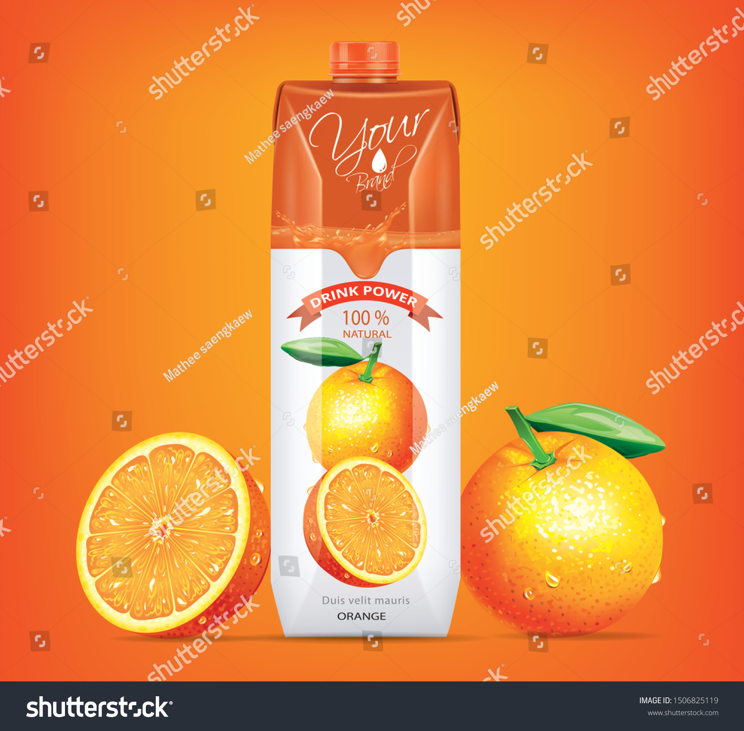 Orange juice drink carton mockup in 3d illustration on orange background