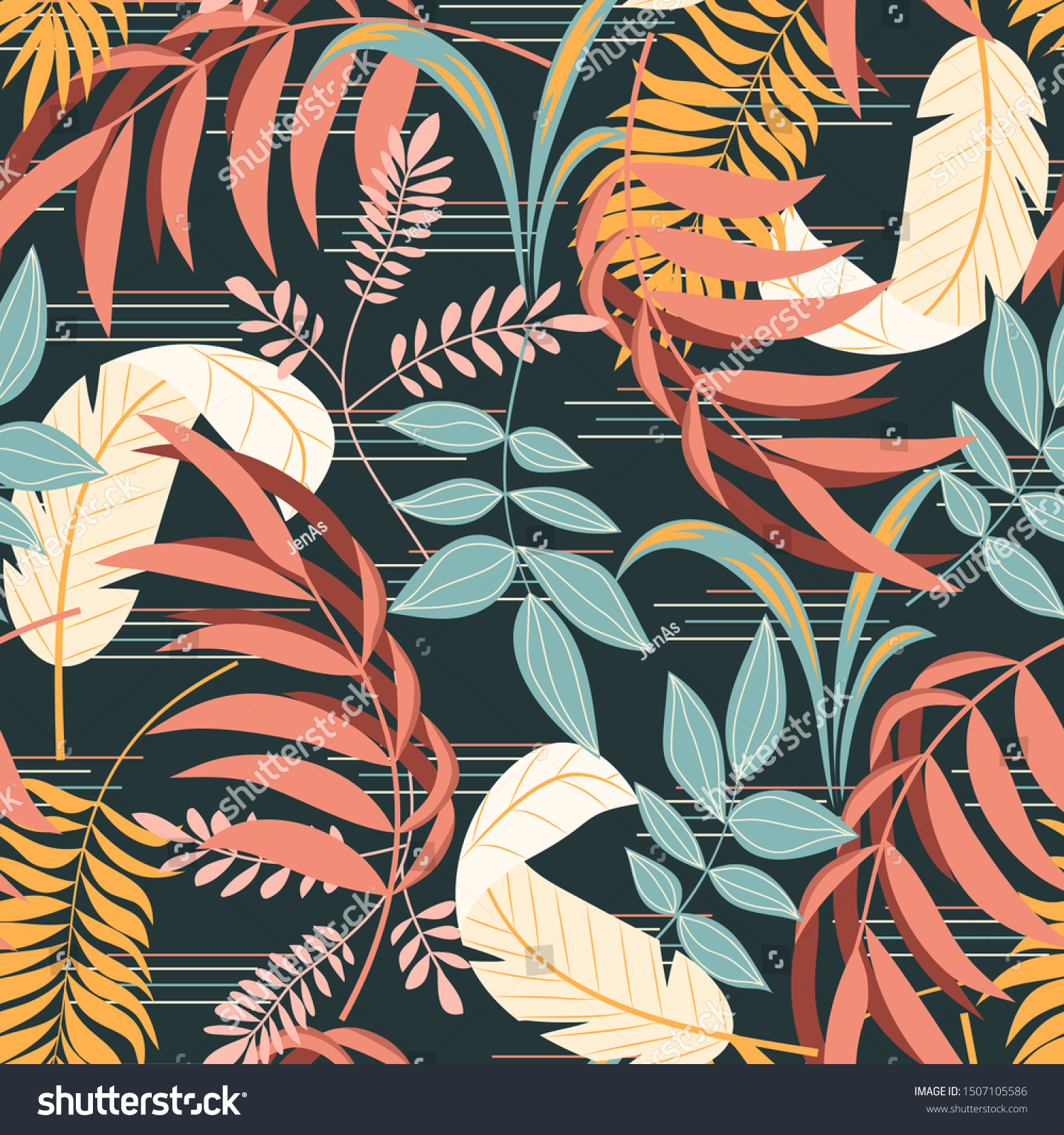 Colorful tropical seamless pattern with plants  leaves and abstraction. Trend vector design  beautiful print. Printing with in hand drawn style. Exotic wallpaper  Hawaiian style.