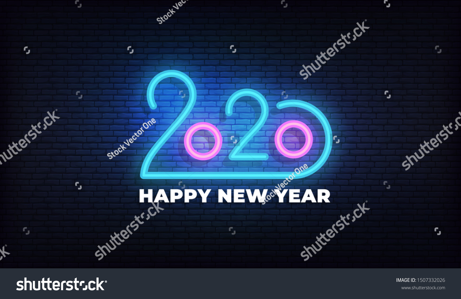 2020 Happy New Year neon sign. Glowing 2020 New Year typography design template