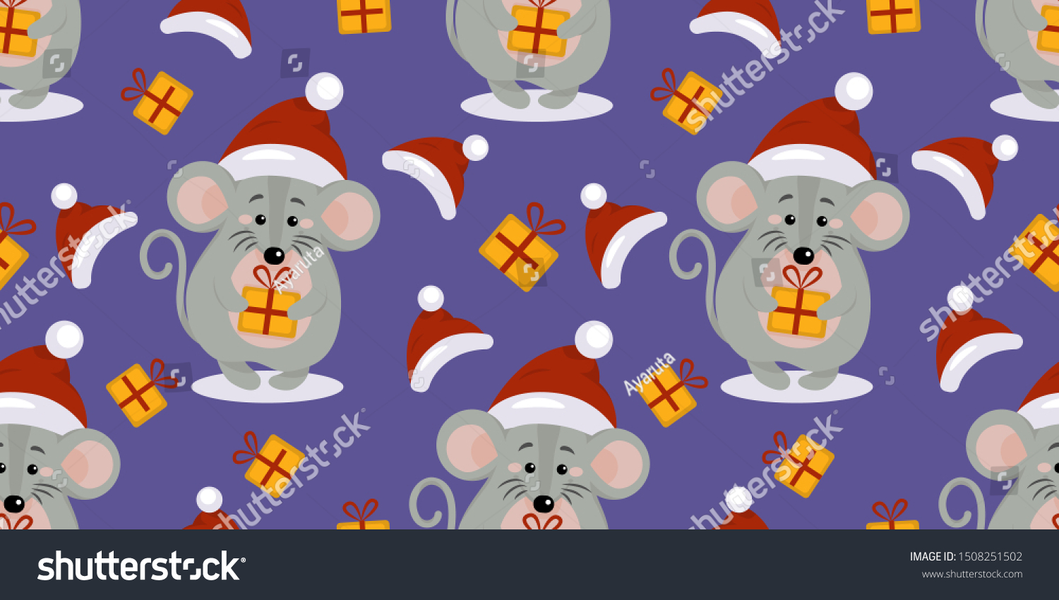 Vector New year and Christmas seamless pattern with the mouse in Santa hat and a gift in hands for New year 2020 greeting card  invitation  logo icon. Flat mouse symbol of 2020 in Chinese calendar