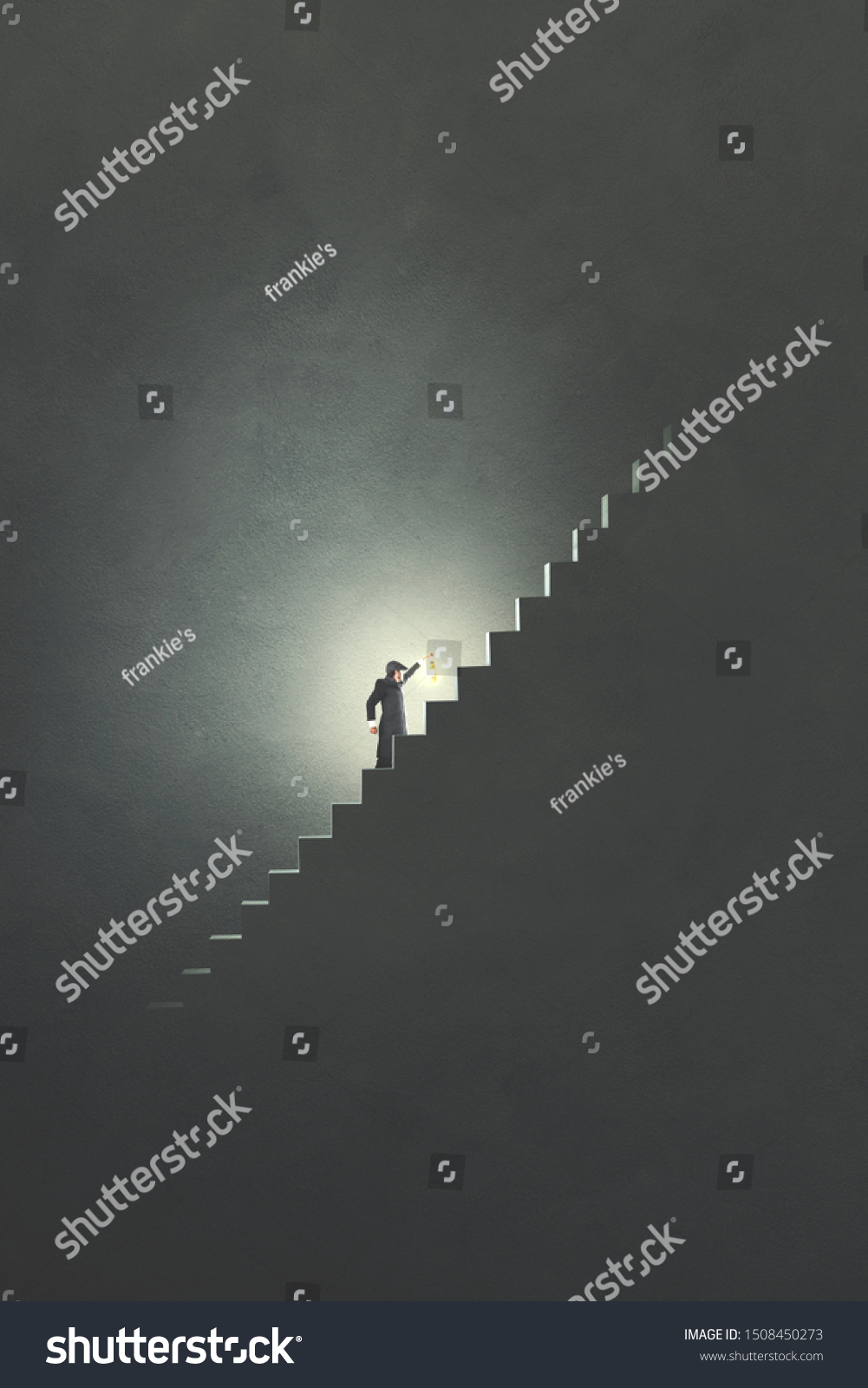 man with torch rising stairs illuminating his path