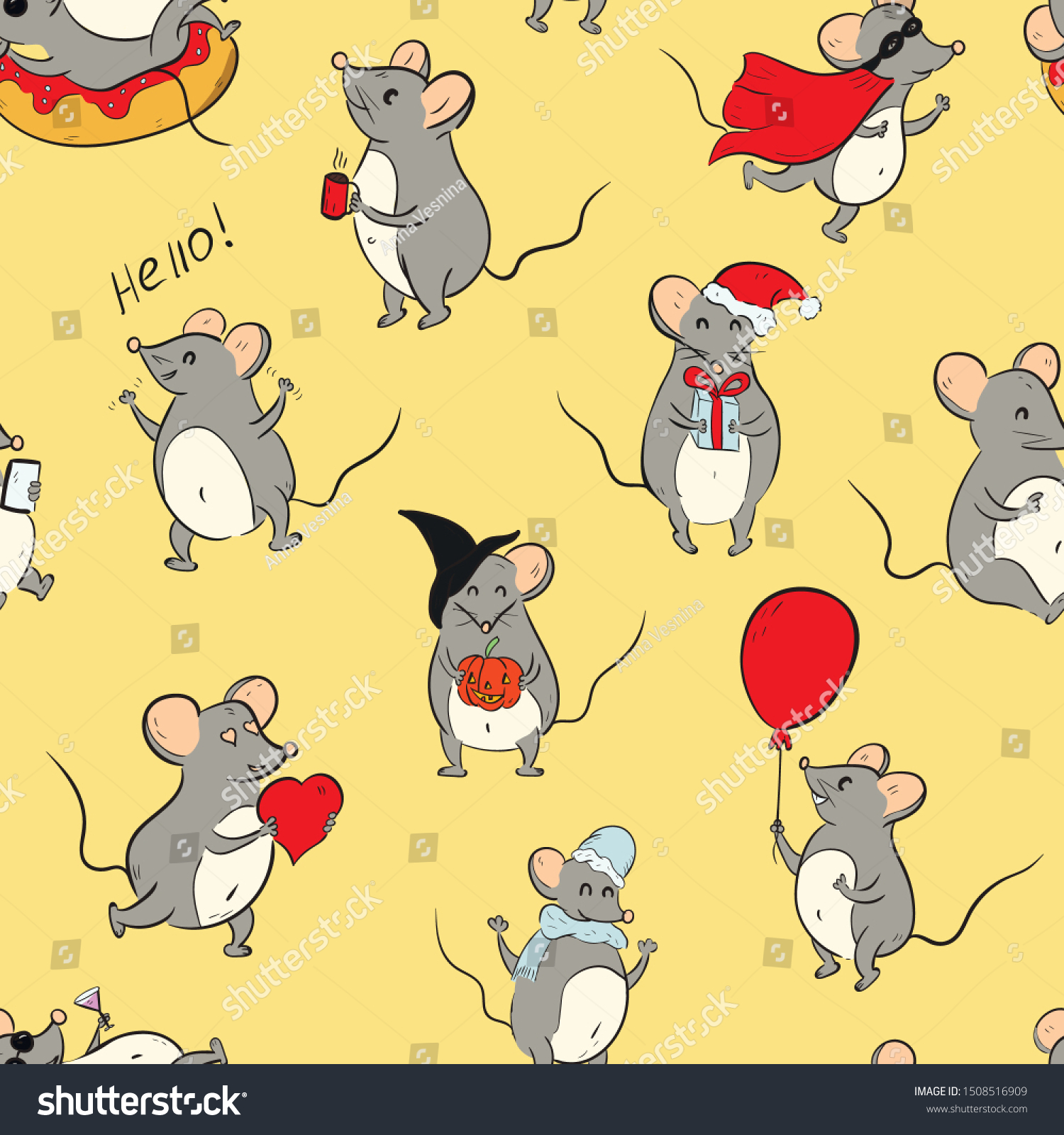 Grey mouses cute vector seamless pattern. 