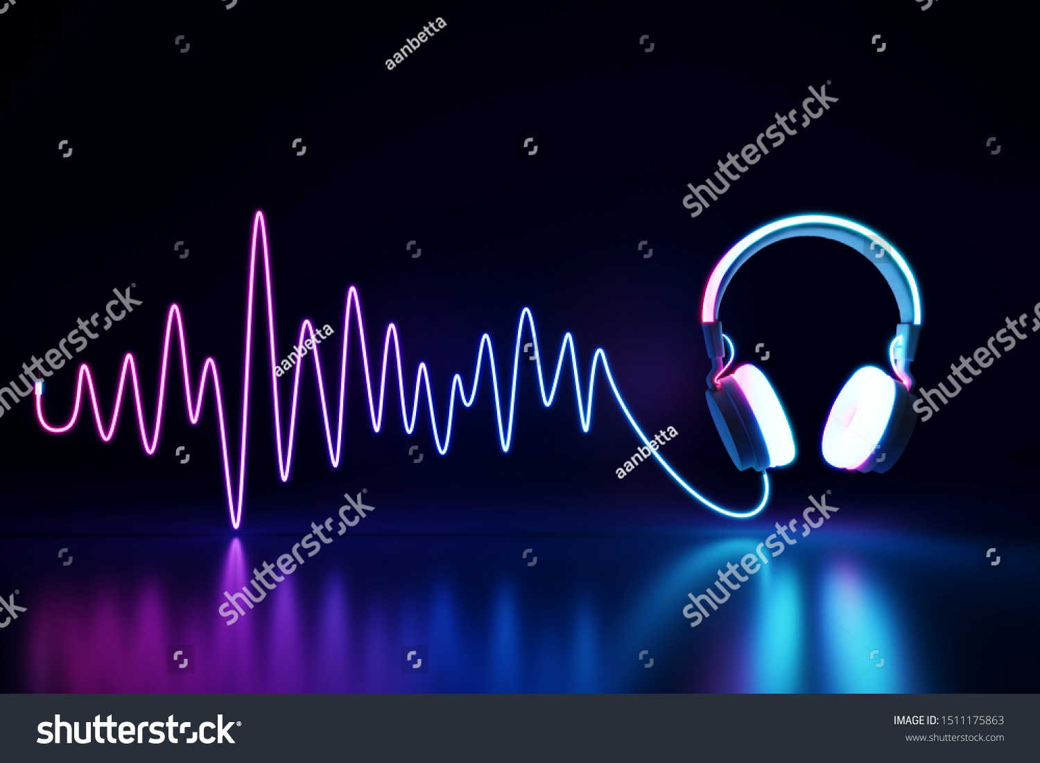Glowing headphone neon on dark background. 3d rendering
