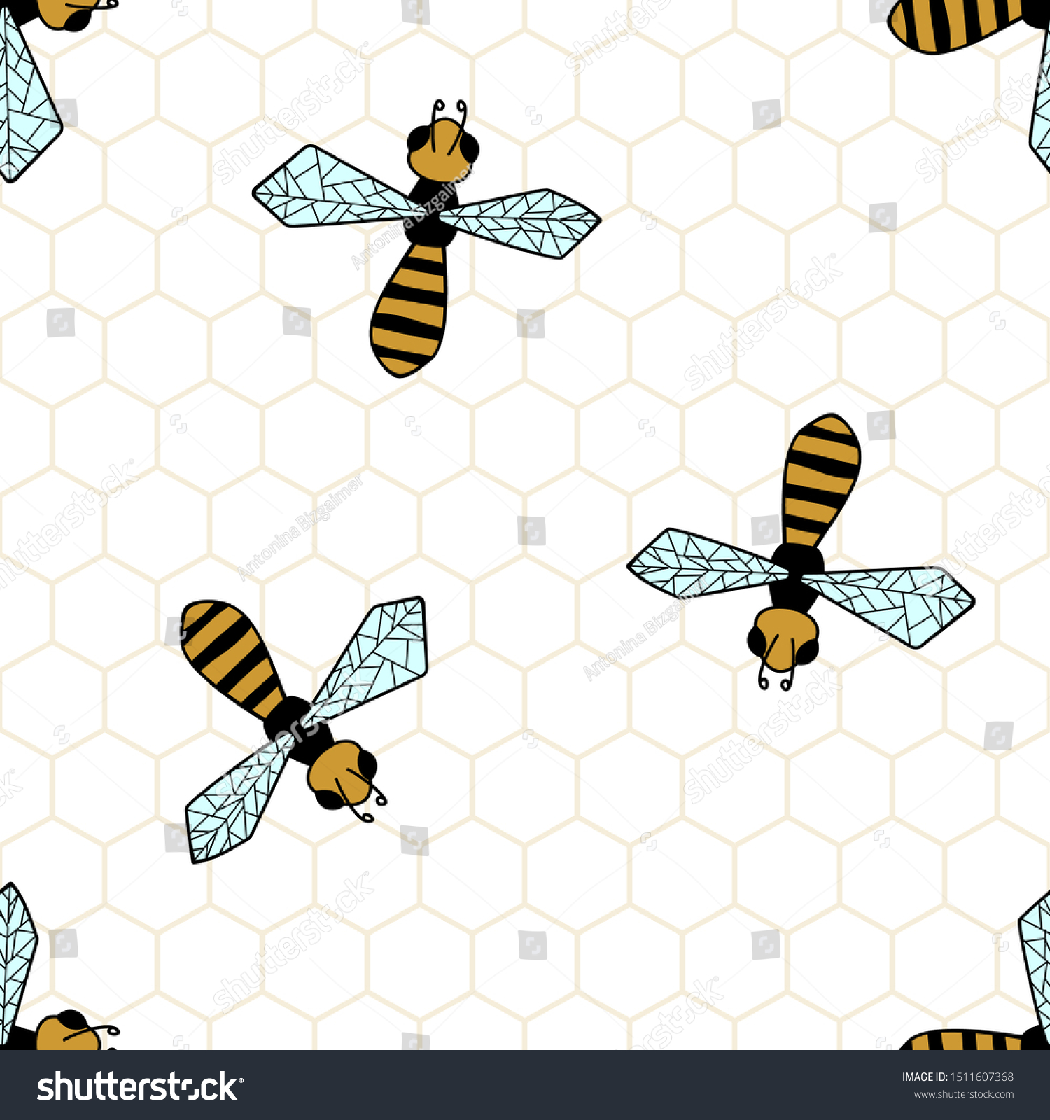 Vector Seamless Pattern With Bees And Honeycombs Hand drawn. For ...