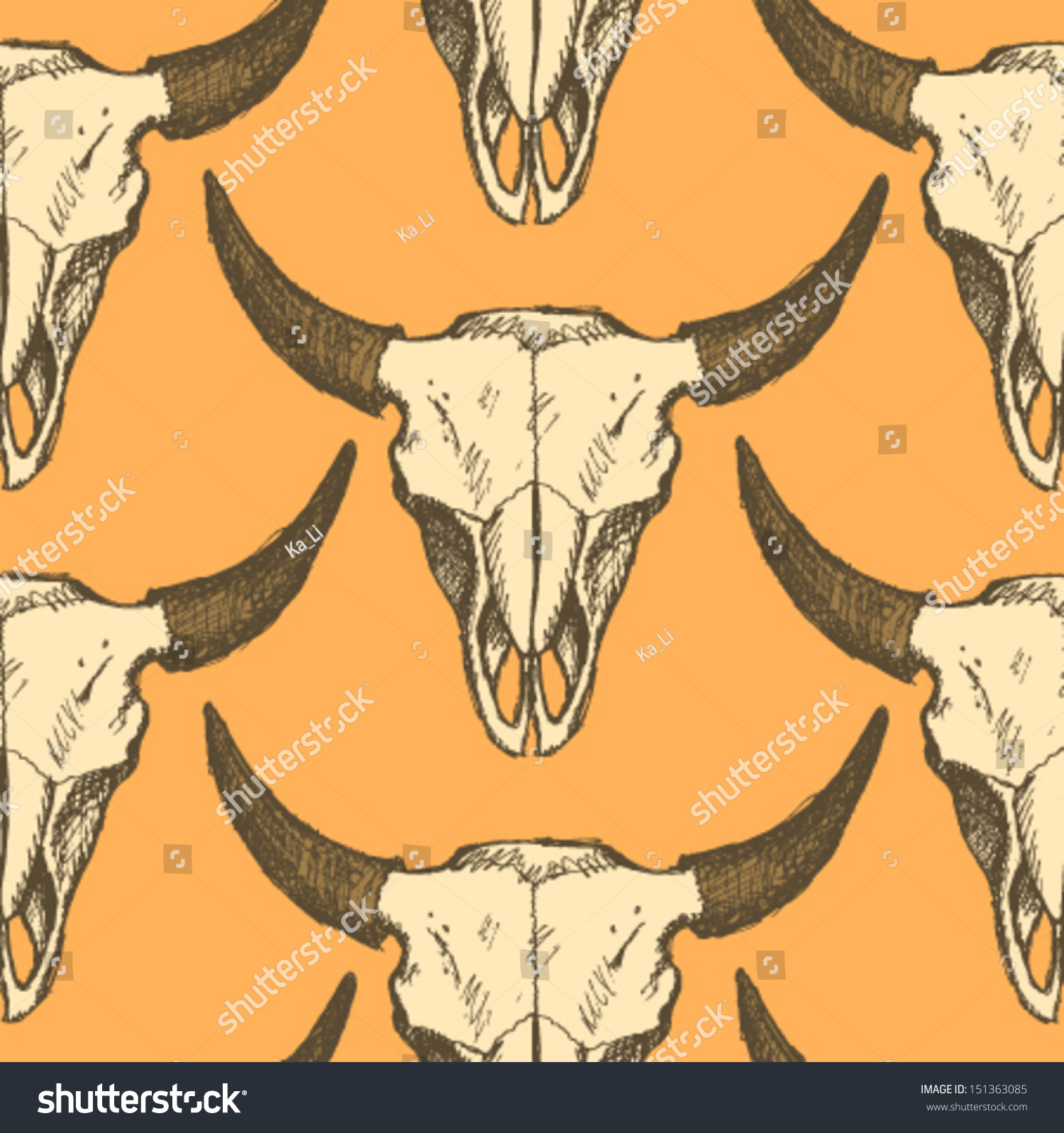 Bison skull  vector seamless pattern in sketch style