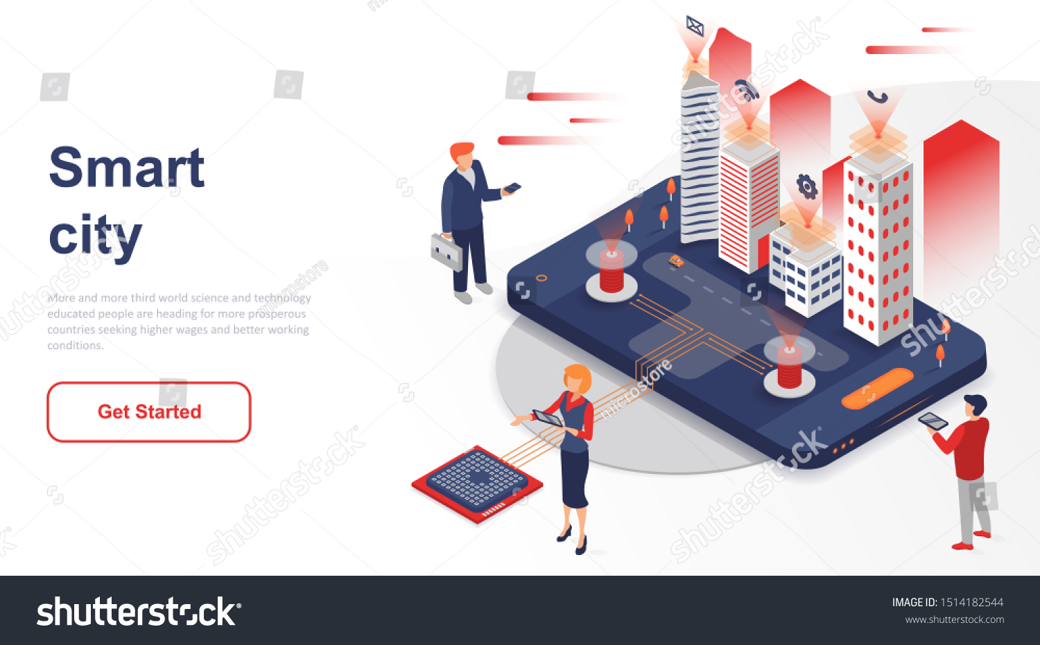 Isometric landing page smart city or intelligent flat concept. Building automation with computer networking for website or homepage. Isometric vector illustration template.