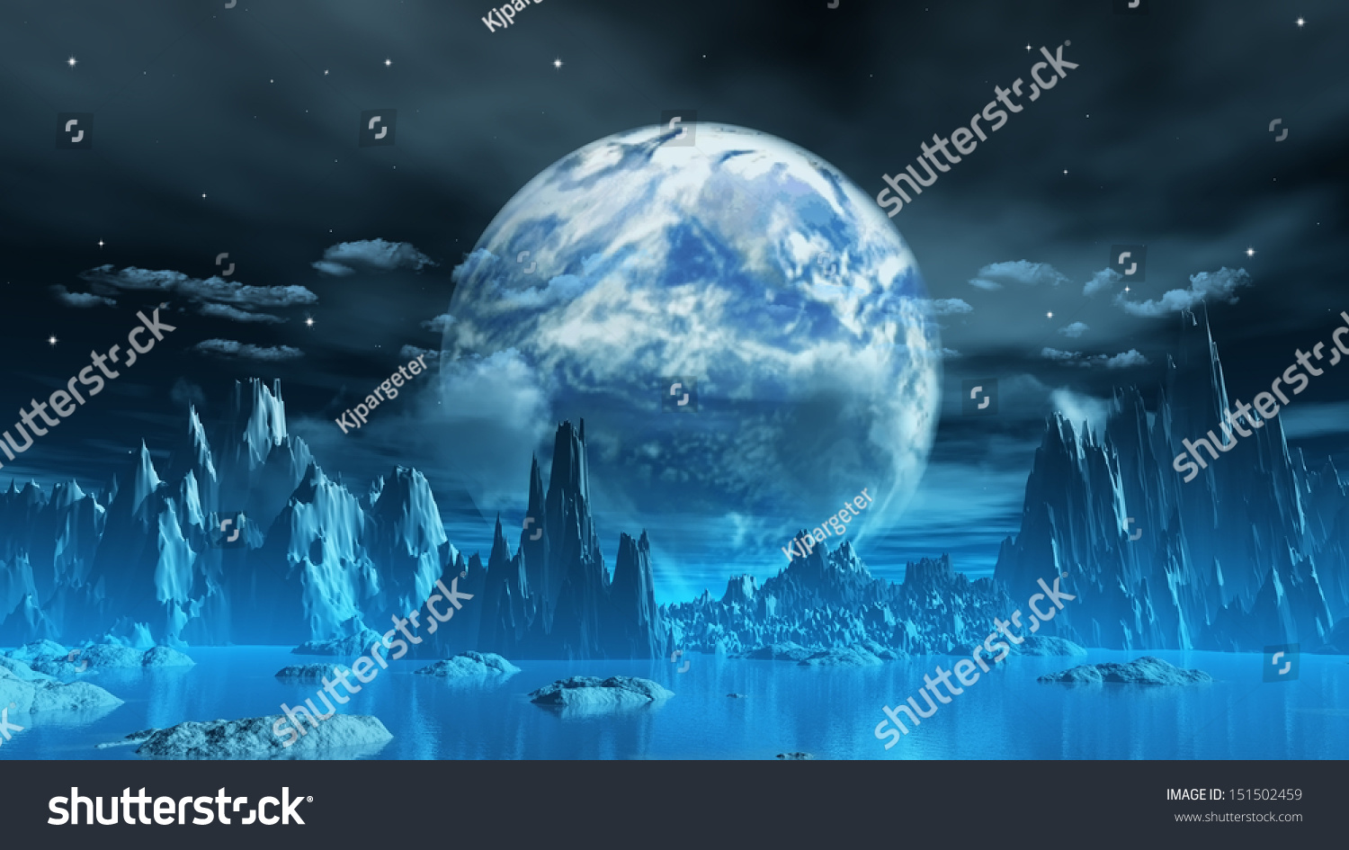 3D render of a surreal ice planet with earth in the sky