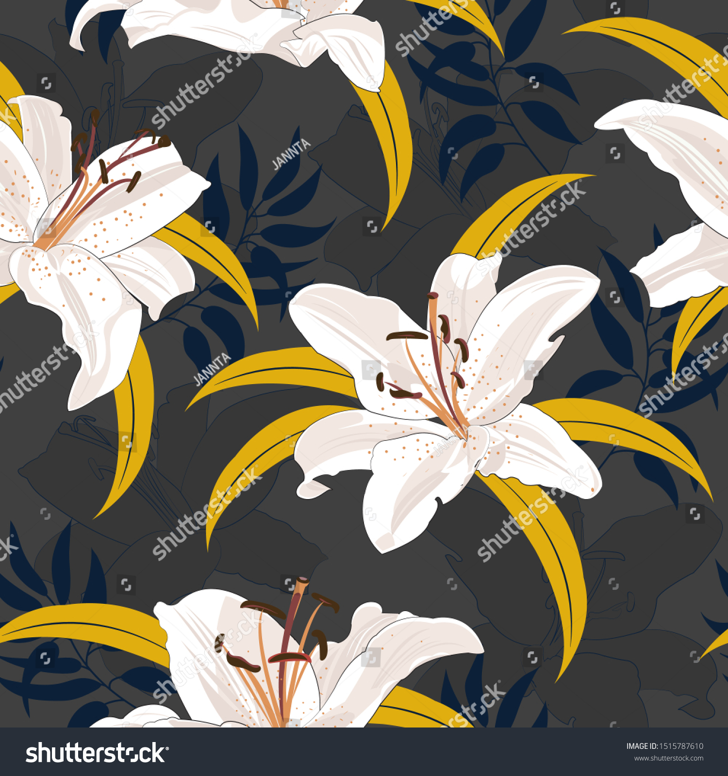 Lily flower seamless pattern on black background  White lily floral vector illustration