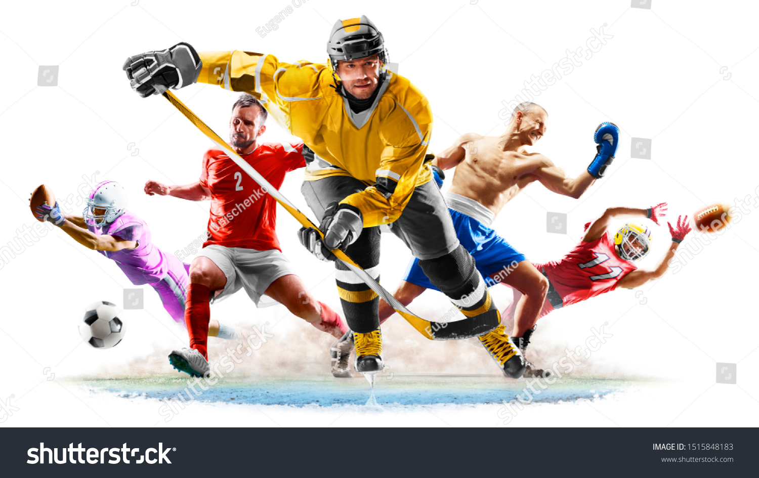 Multi sport collage football boxing soccer ice hockey on white background