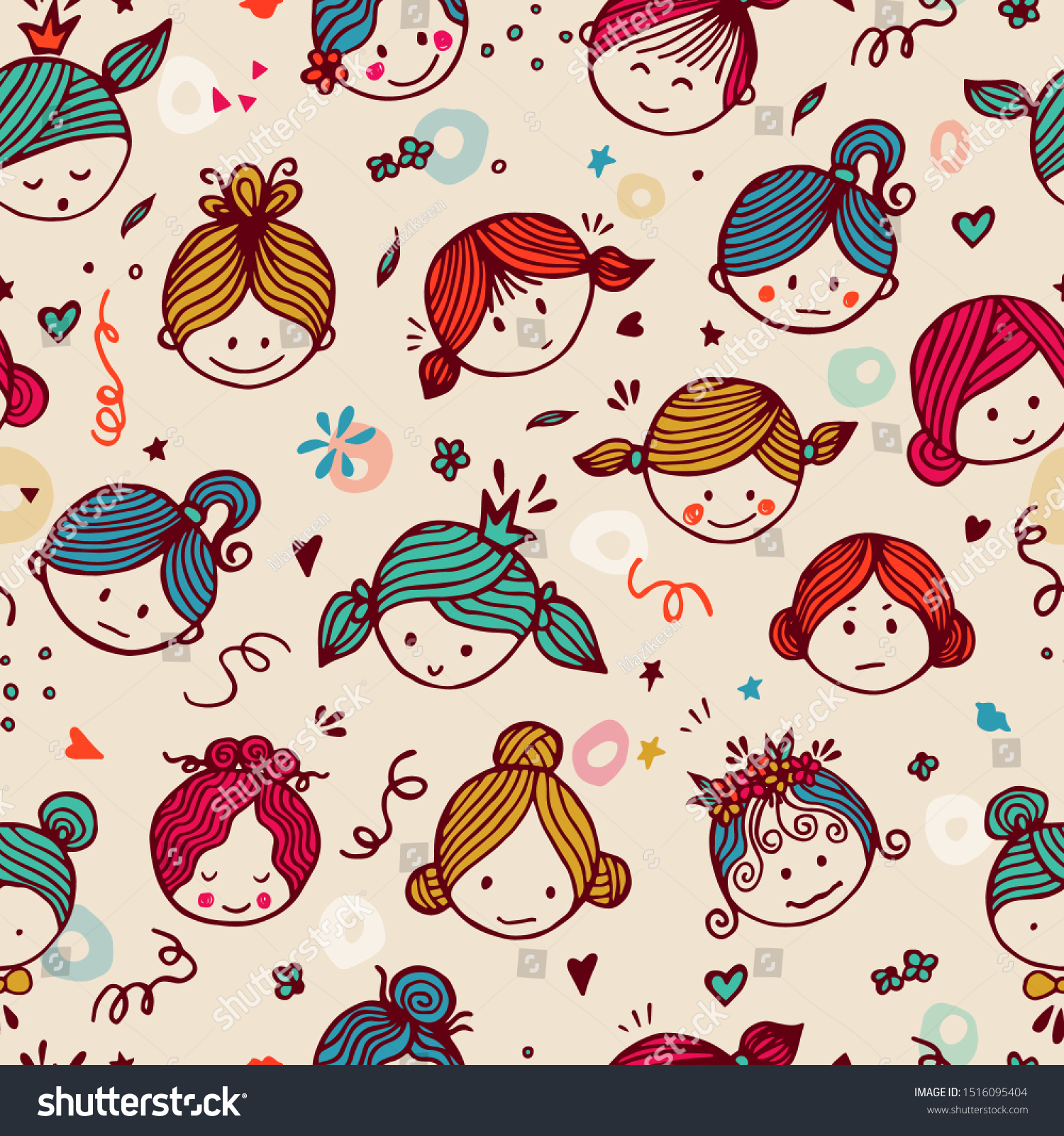 Seamless pattern cute girlish faces with different emotions. Ideal for children's interiors  banners and posters. Vector colorfull illustration.
