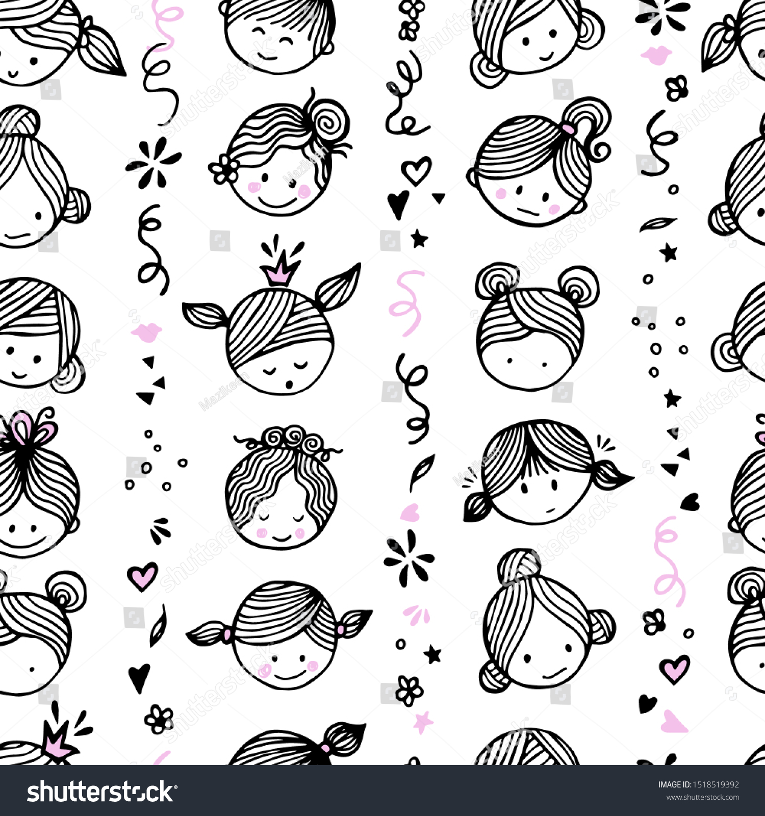 Seamless striped pattern cute girlish faces with different emotions. Ideal for children's interiors  banners and posters. Vector illustration on white background.