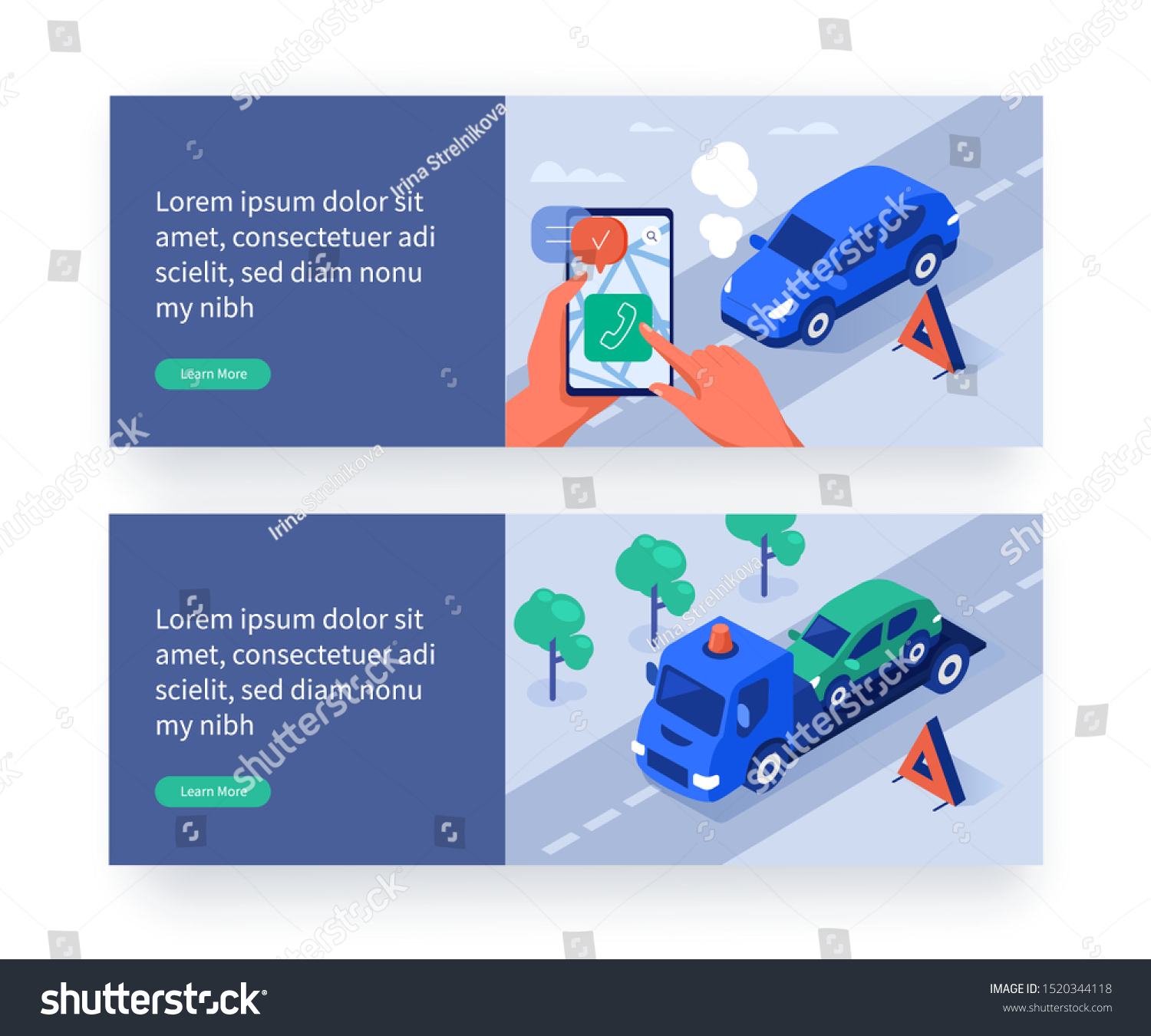 Man Calling to Service Center after Car Accident. Auto Insurance and Car Assistance Web Banner Template. Vehicle Repair and Towing Services Concept. Flat Isometric Vector Illustration.
