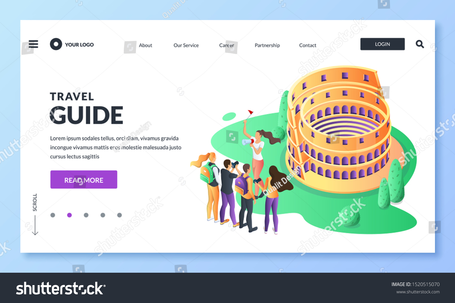 Travel to Italy and Rome vector 3d isometric illustration. Guide and group of tourists on excursion in Coliseum. Web landing page  banner or poster design. Tourism website or trip application concept.