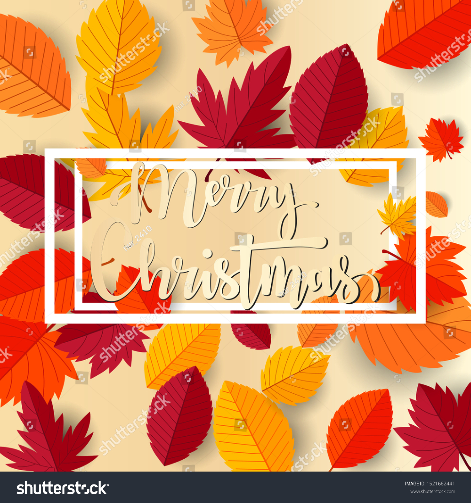 Merry christmas with autumn flat leaves design background