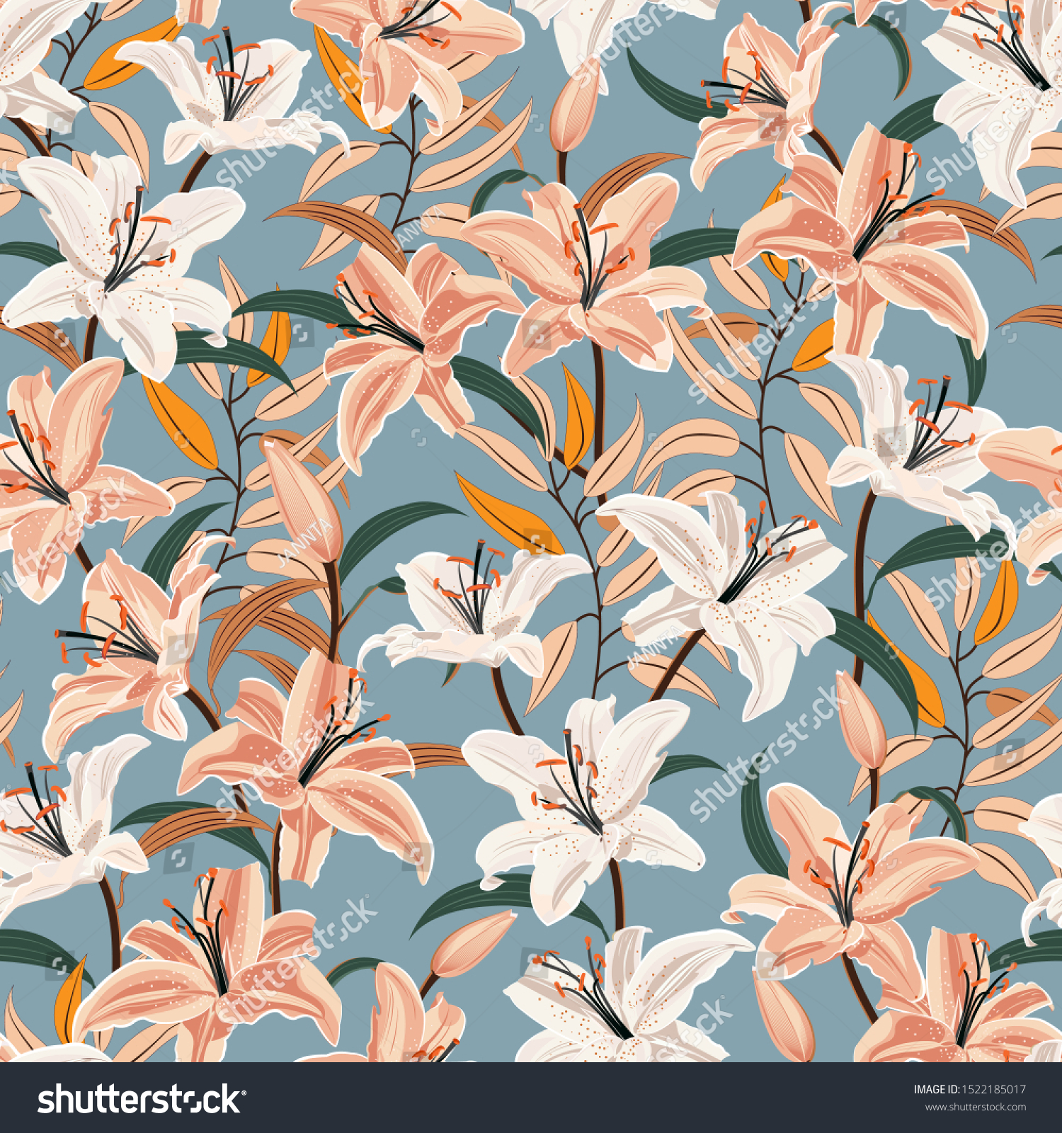Lily flower seamless pattern on blue background  White and Pink lily floral vector illustration
