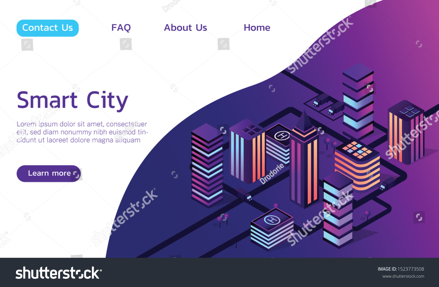 Isometric vector smart city 3d illustration. Include neon city  trees  roads  transport. 