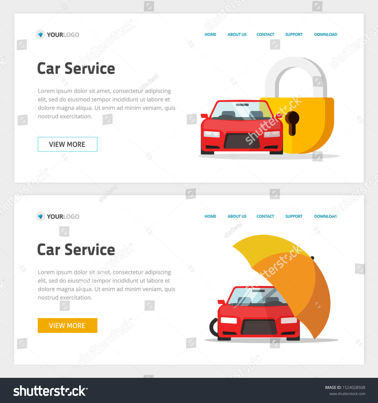 Car insurance or automobile protection service website template design vector layout or mockup  flat cartoon web site landing page with vehicle protected with lock shield or umbrella security banner