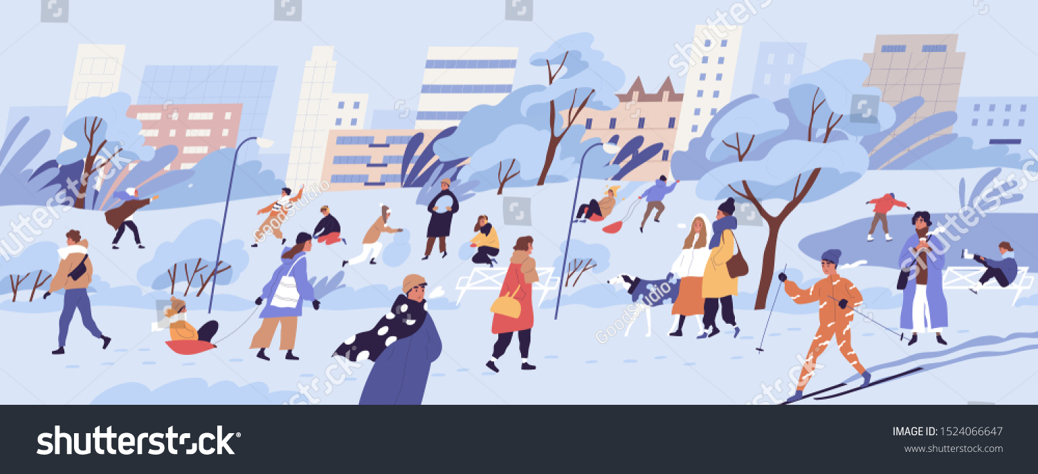 People walking in park. Men  women and children doing winter activities. Snowy landscape panorama. Active characters skiing  ice skating  playing snowballs  making snowman. Flat vector illustration.
