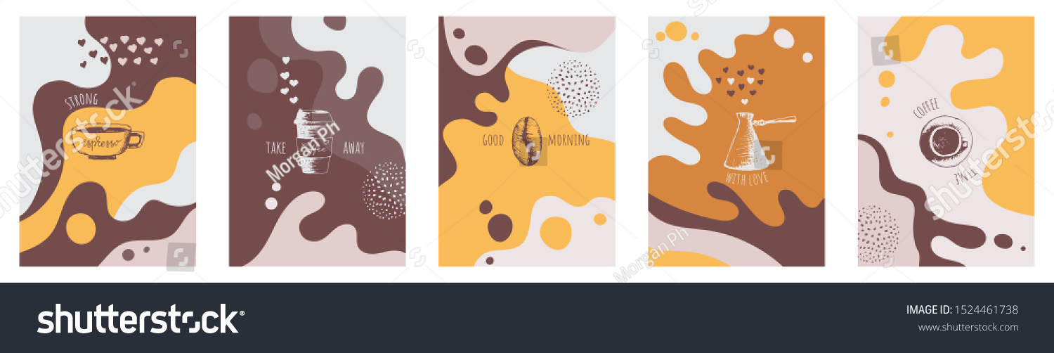 Abstract creative set with coffee backgrounds copy space for text and coffee hand draw icons. Vector concept for coffee shop and house  cafe. Simple  stylish template for social media. 