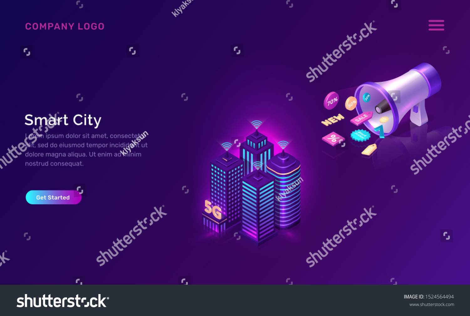 Smart city  wireless network technology  isometric concept vector illustration. Tall buildings with symbol wireless internet and loudspeaker with sale icons isolated on ultraviolet background
