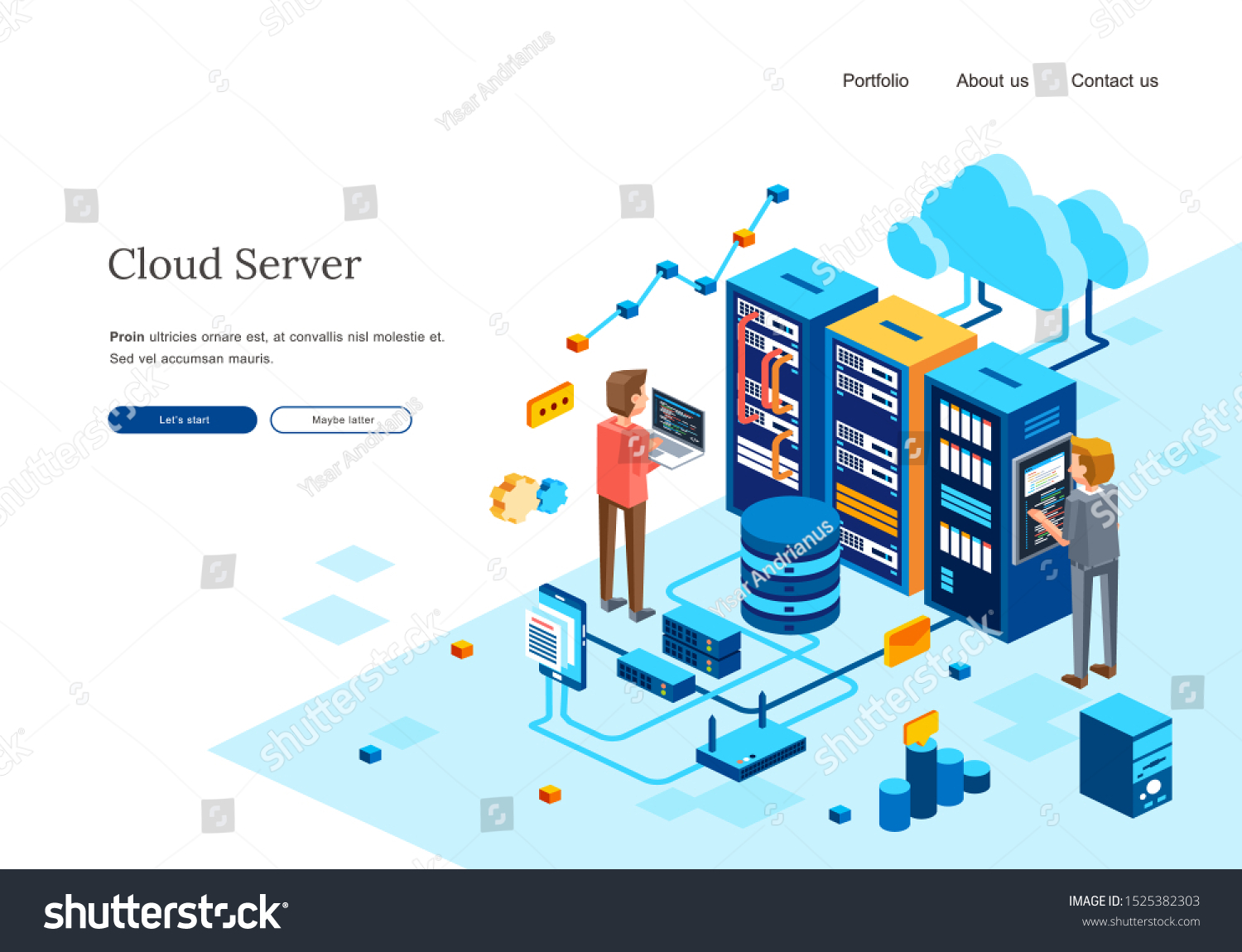 isometric illustration of two people maintenance computer server in data center room. Cloud server maintenance by two man character. web server homepage or landing page template
