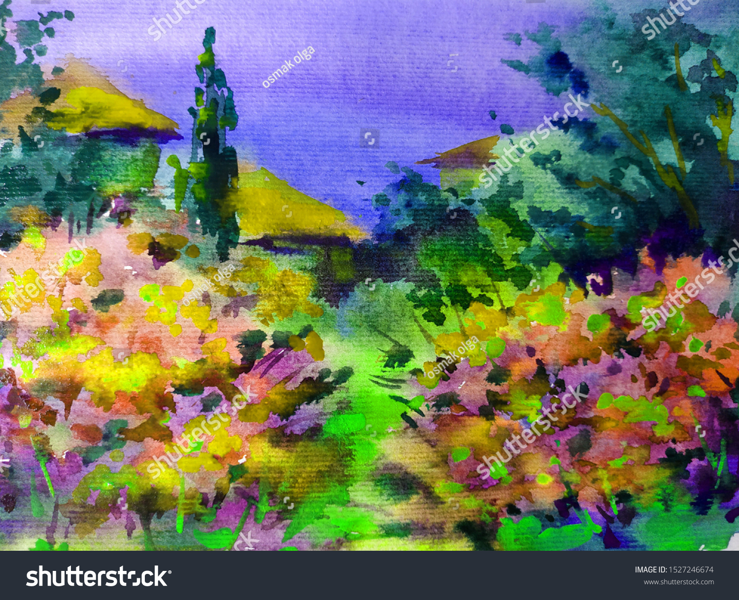 Watercolor colorful bright textured abstract background handmade . Mediterranean landscape . Painting of architecture and vegetation of the sea coast   made in the technique of watercolors from nature