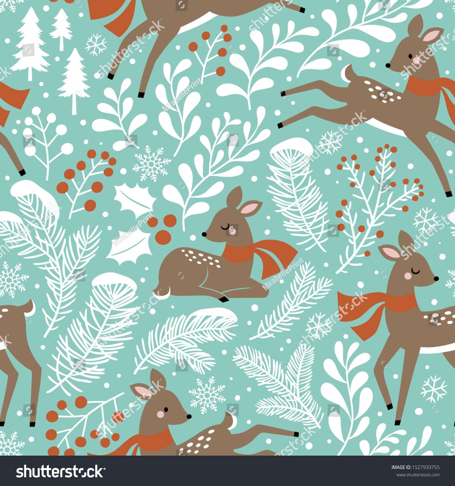 Seamless vector pattern with cute Christmas deers  pine and holly on white background. 