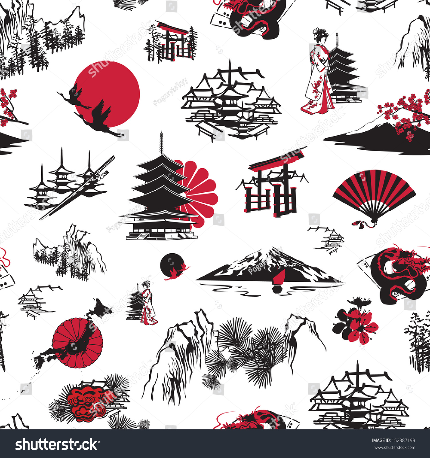seamless background with Japanese miniatures on a white background