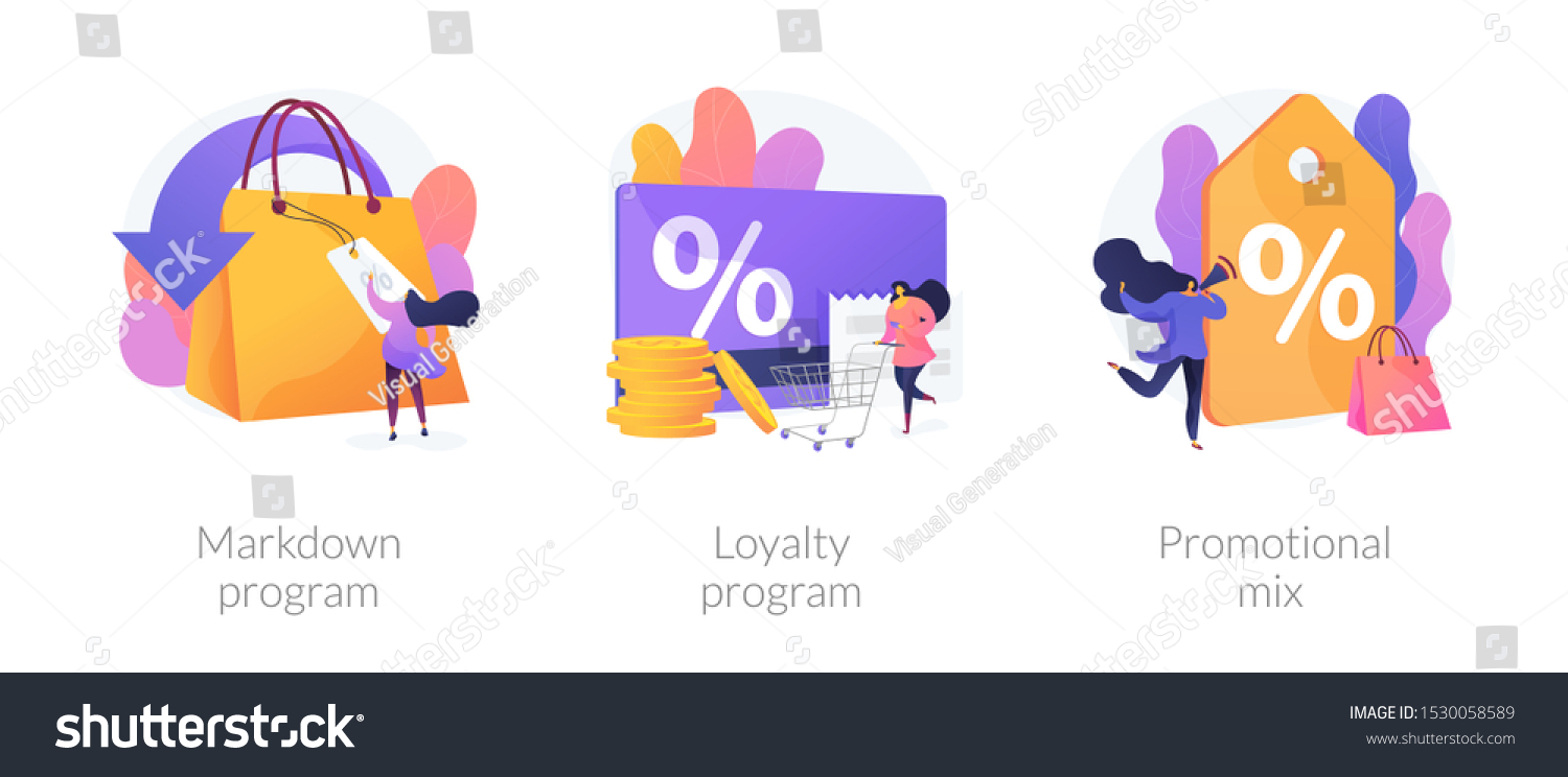Shopping marketing campaign icons cartoon set. Store special offers advertisement. Markdown program  loyalty program  promotional mix metaphors. Vector isolated concept metaphor illustrations