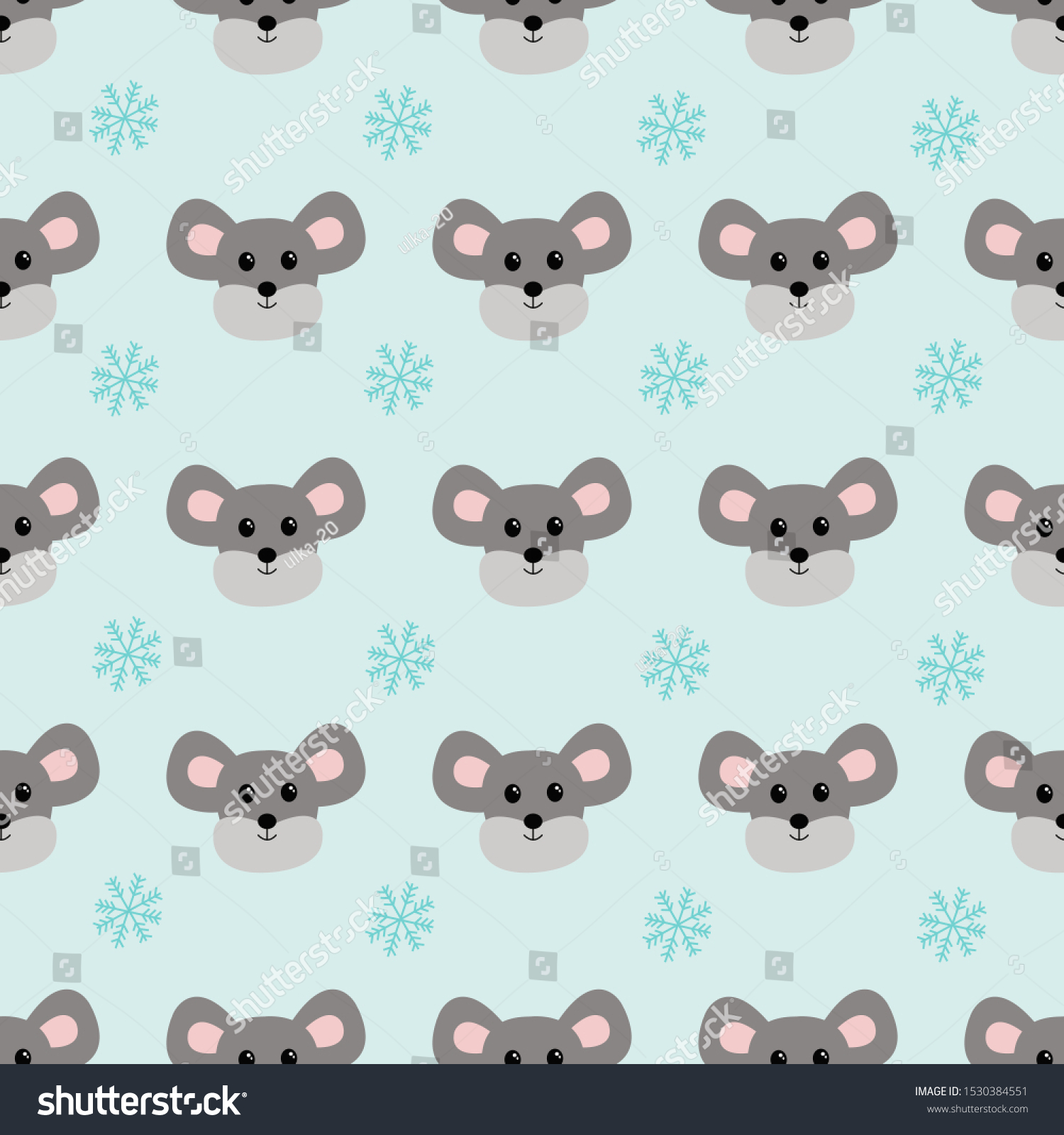 Seamless pattern with kawaii mouse and snowflake. Vector illustration.