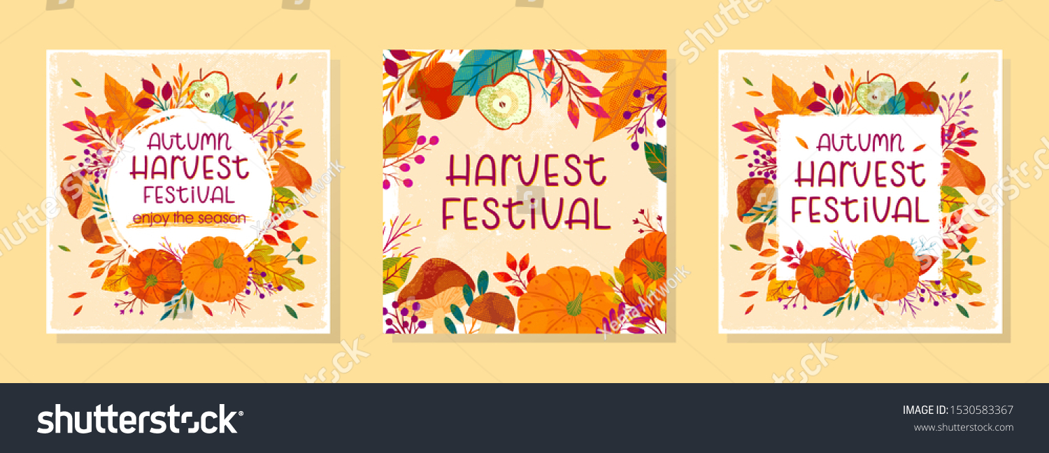 Bundle of seasonal vector autumn illustrations for harvest festival with pumpkins mushrooms apples plants leaves berries and floral elements.Agricultural fair.Trendy fall designs.