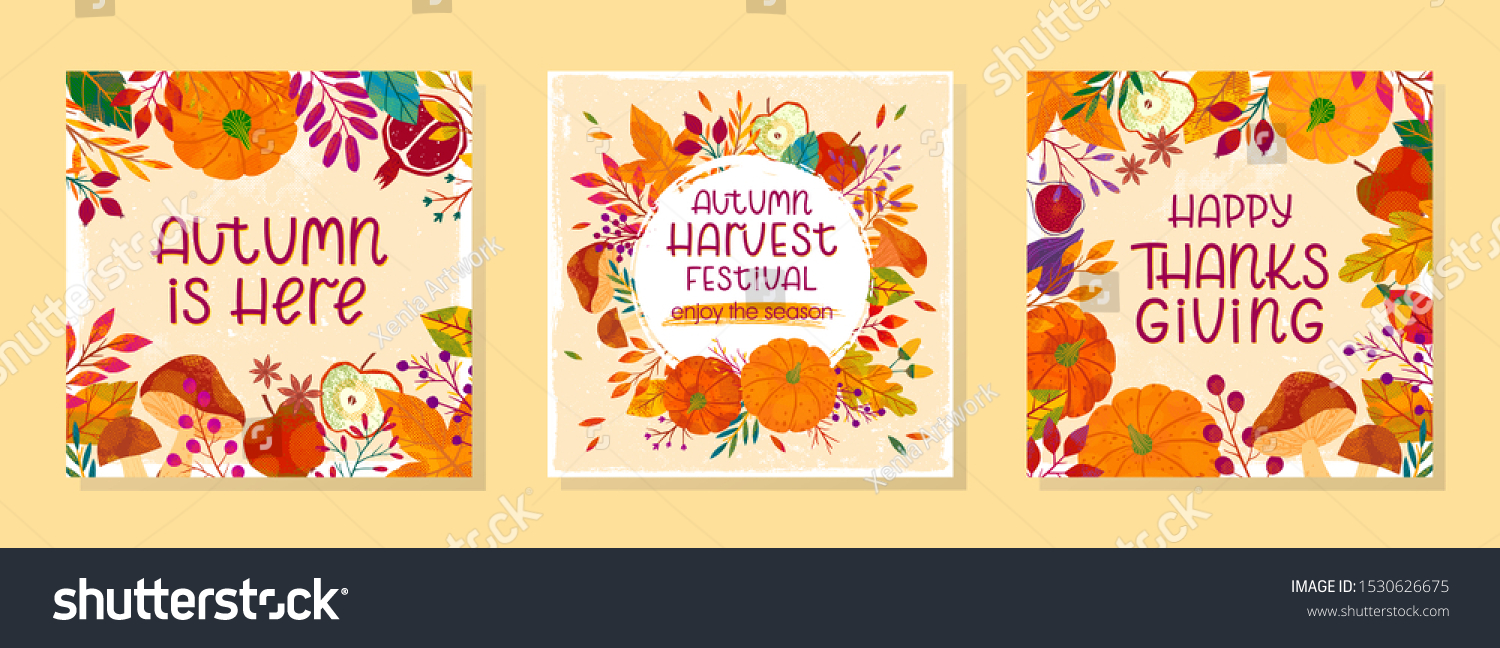 Bundle of seasonal vector autumn illustrations for thanksgiving day and harvest festival with pumpkins mushrooms pomegranates figs apples plants leaves berries and floral elements.Trendy fall designs.