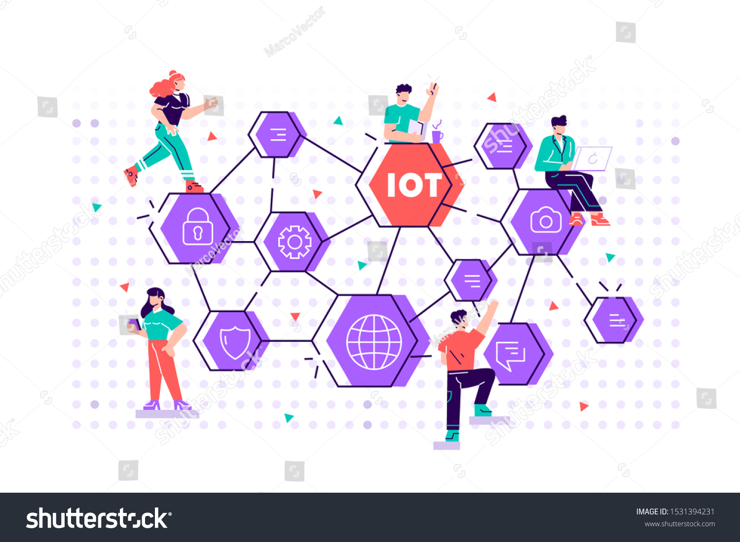 IOT concept. Internet of things. Network. Everything connectivity device concept  business with internet  with small people around. Flat style vector design illustration for web  print  presentation. 
