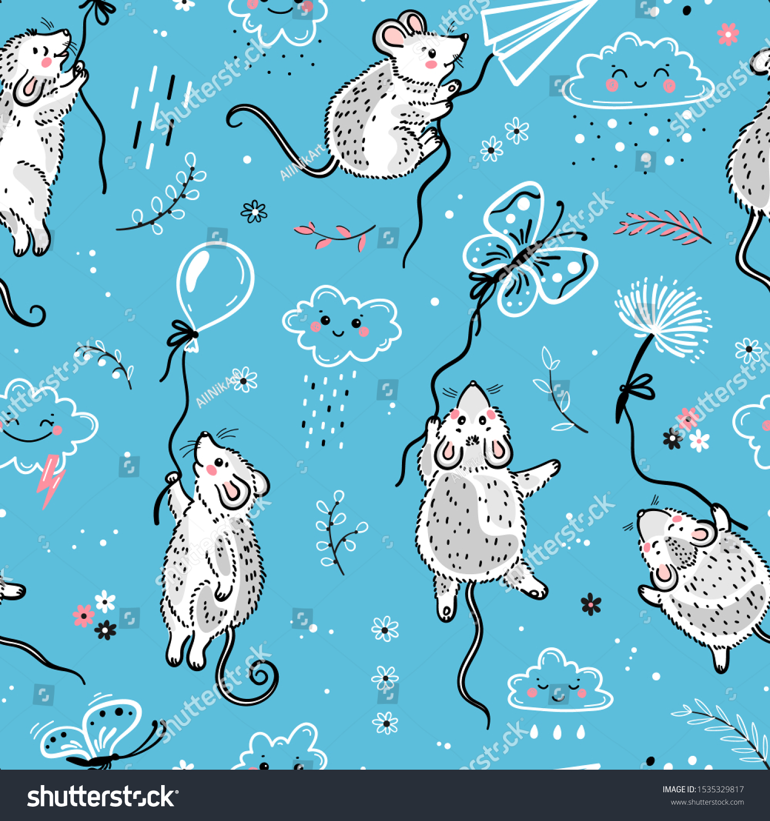 Vector Seamless Pattern of Flying in Cloudy Sky Cute Mouse or Rats with Balloon  Dandelion  Paper Airplane and Butterflies. Background with Cartoon Doodle Little Mice. Chinese New Year 2020