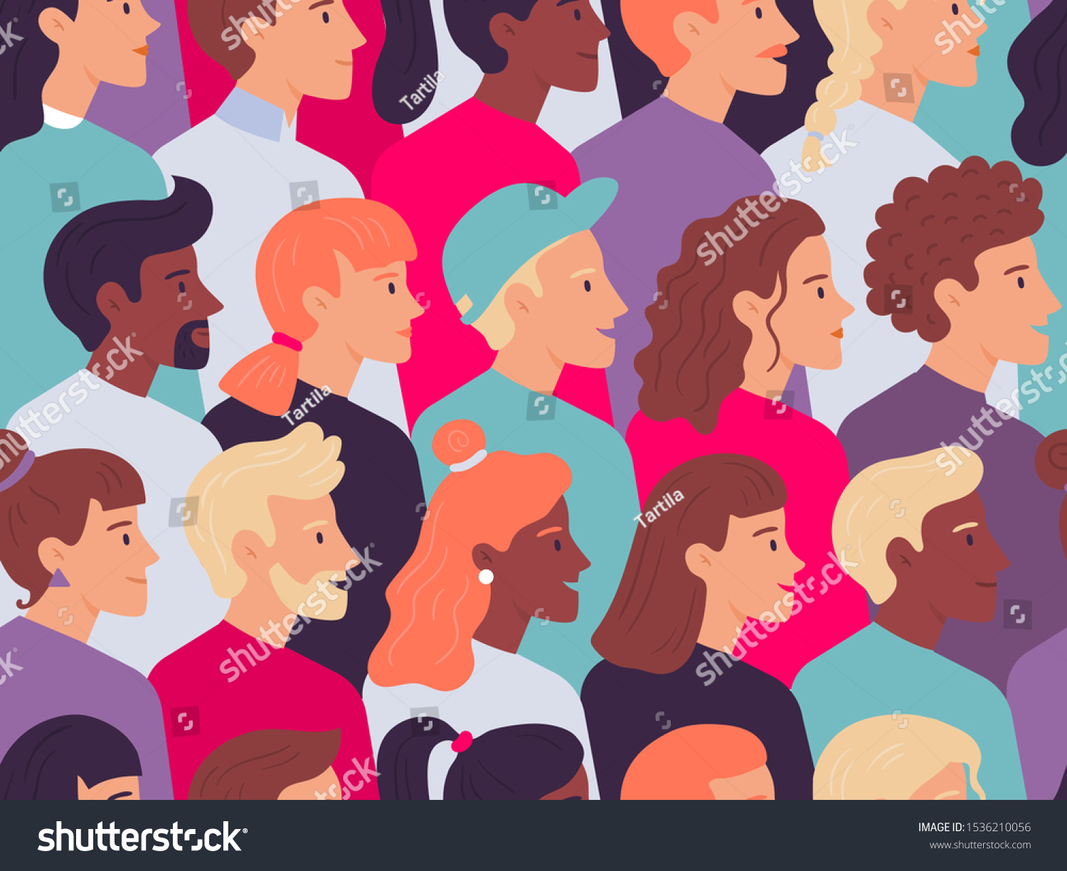 Seamless profile people pattern. Male and female faces side portrait crowd  young person profiles portraits. Various characters wallpaper  social protest demonstration vector illustration