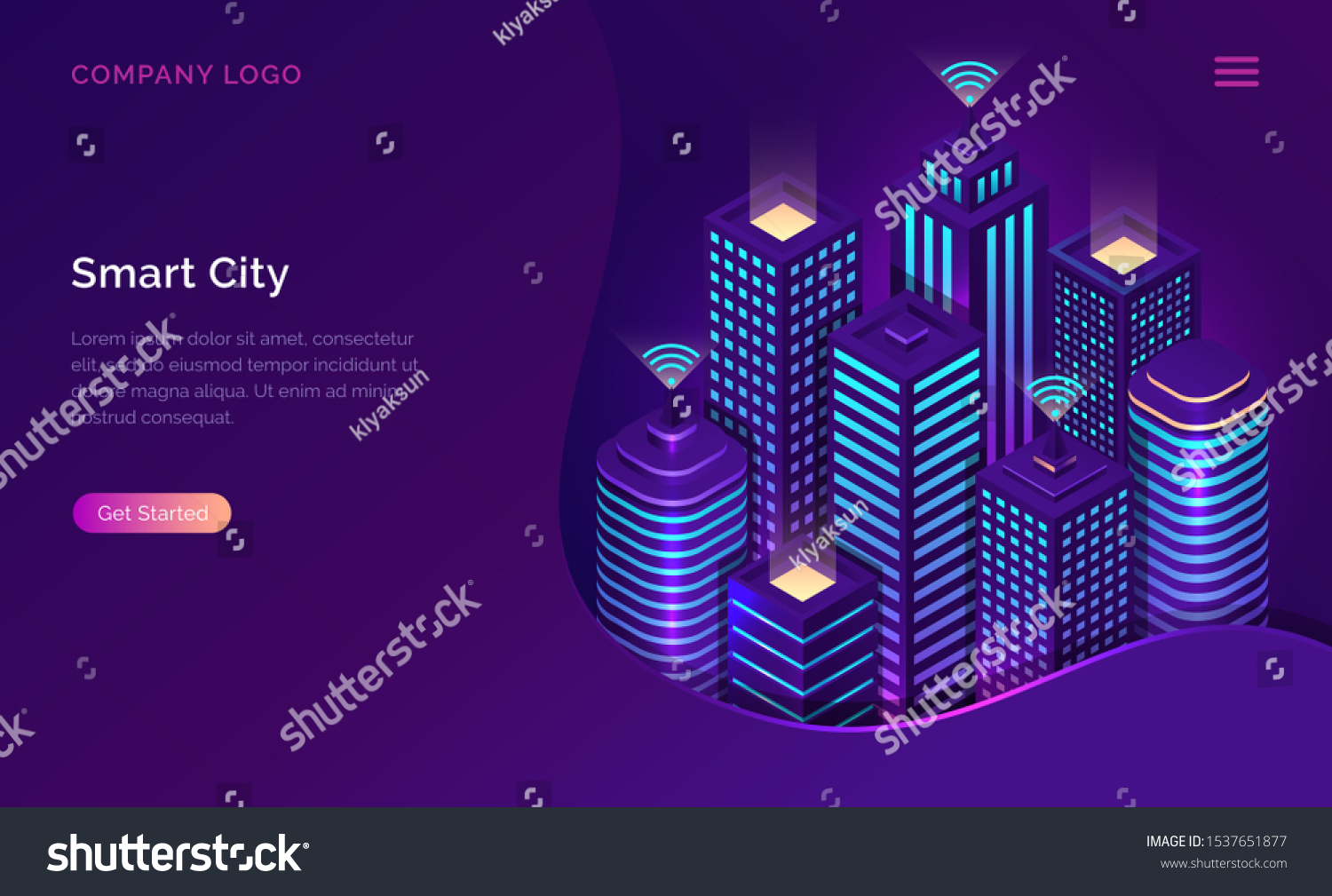 Smart city  internet of things and wireless network technology  isometric concept vector illustration. Tall urban buildings with symbol wireless internet isolated on ultraviolet background