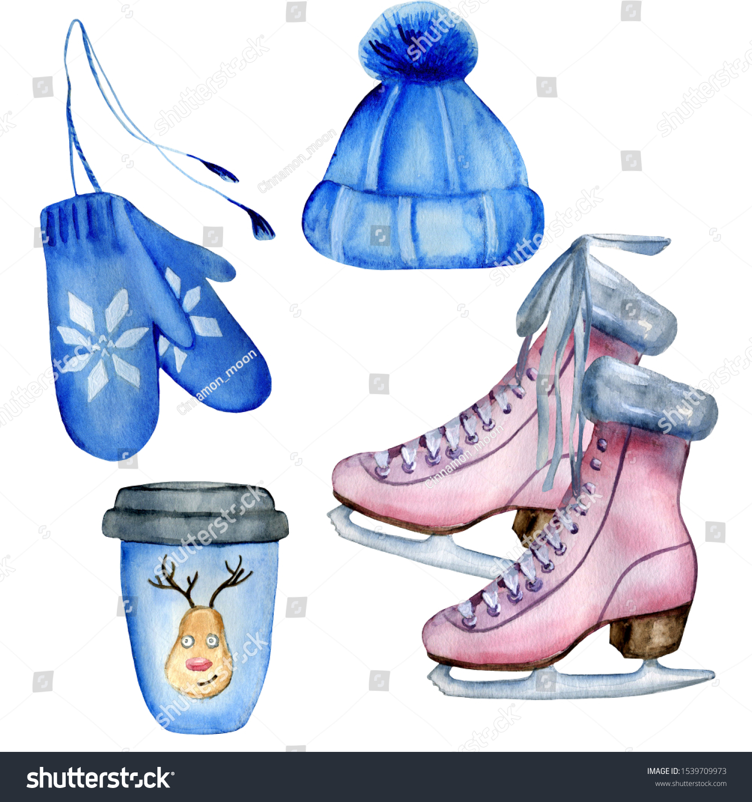 Watercolor hand painted cozy winter set including blue knitted hat and mittens  cup of coffee to go designed with funny Christmas deer  pink ice skates. Isolated elements on white background.