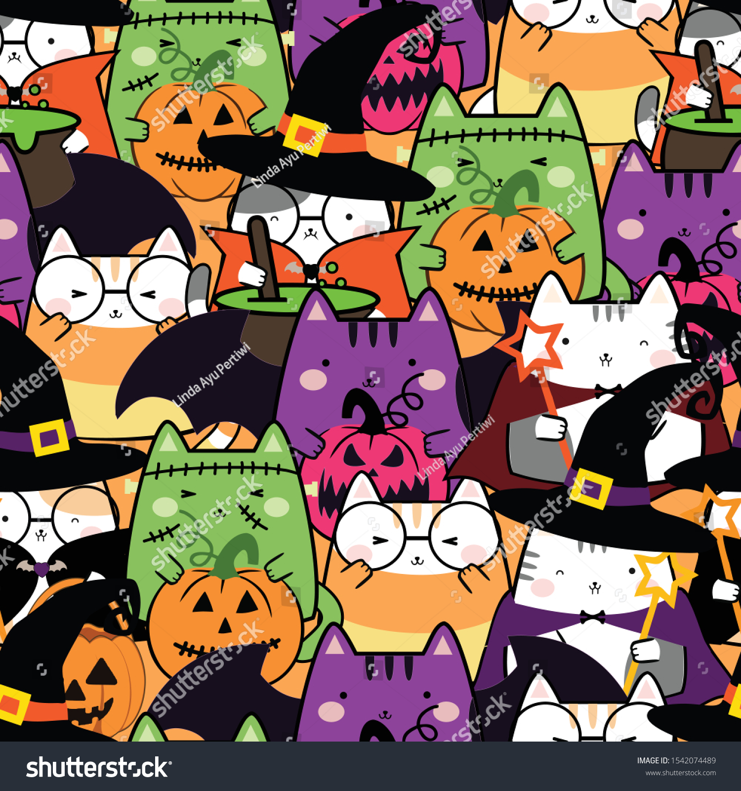 Seamless pattern in kawaii cute cat costume for Halloween. Cartoon Animals Background  Vector Illustration
