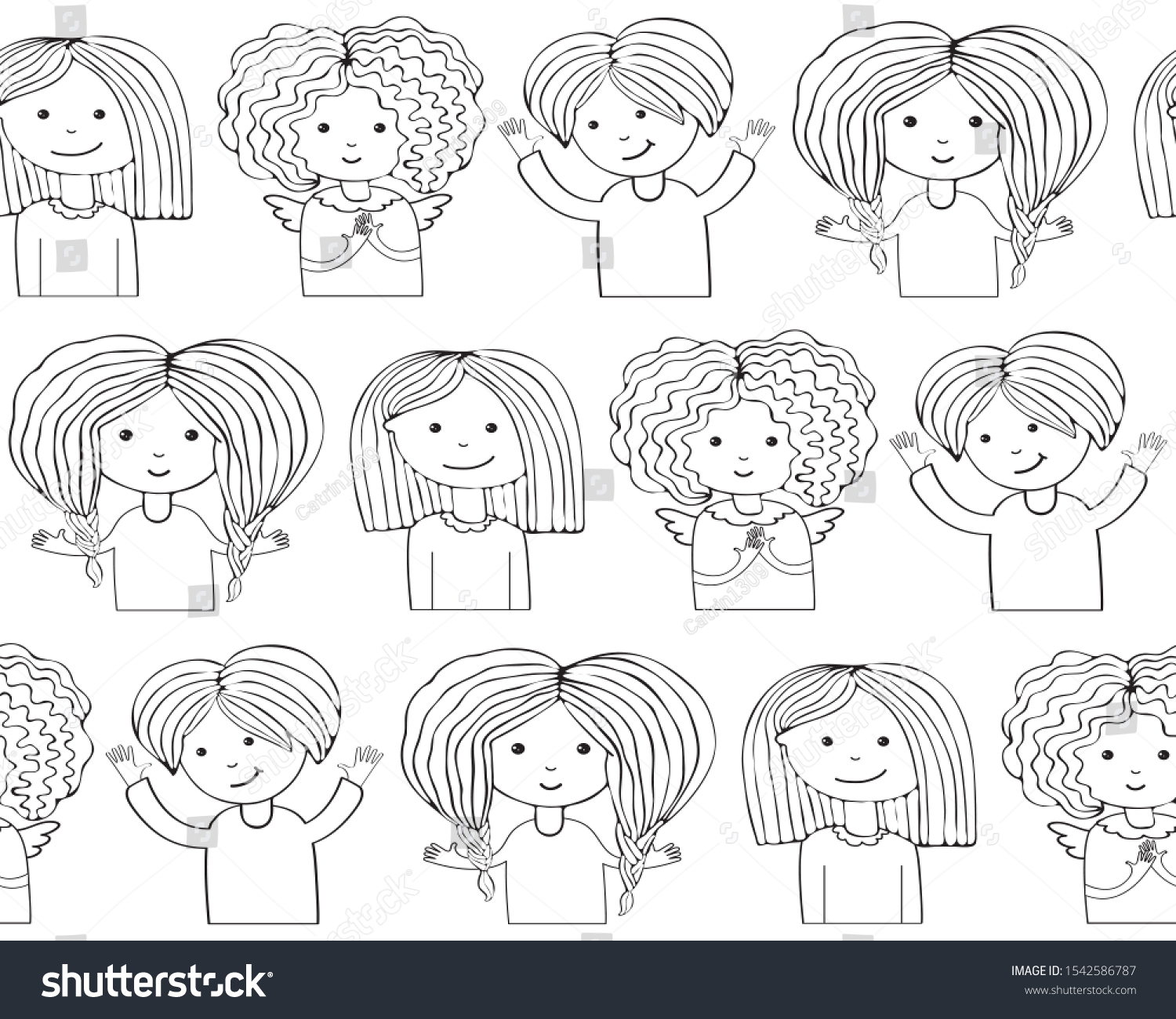 Seamless pattern funny girls smiling. Continuous line  drawing of cute girl. Art line illustration. Sketch for your design. Female character in the vector. Hand drawn female avatar. Black and white
