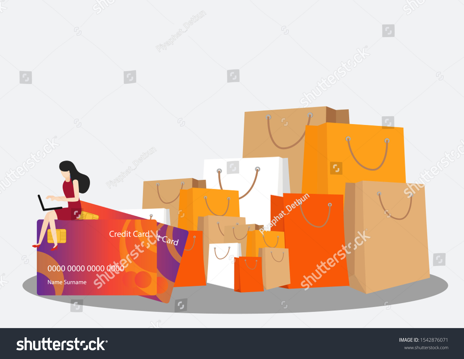 Woman holding a credit card. Woman making online payment with credit card. Vector  illustration