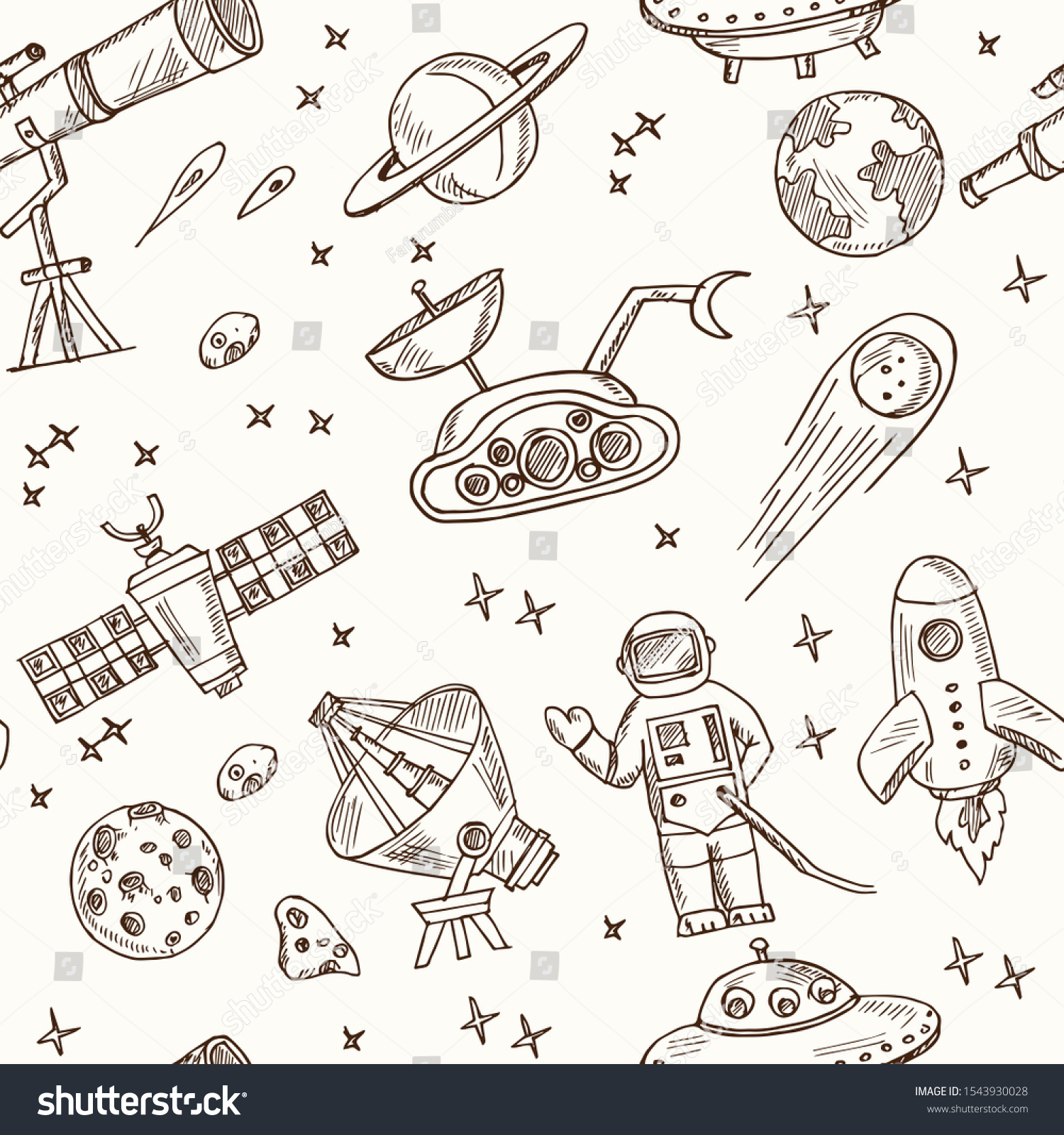 Astronomy hand drawn doodle seamless pattern. Vector illustration. Isolated elements on white background. Symbol collection.