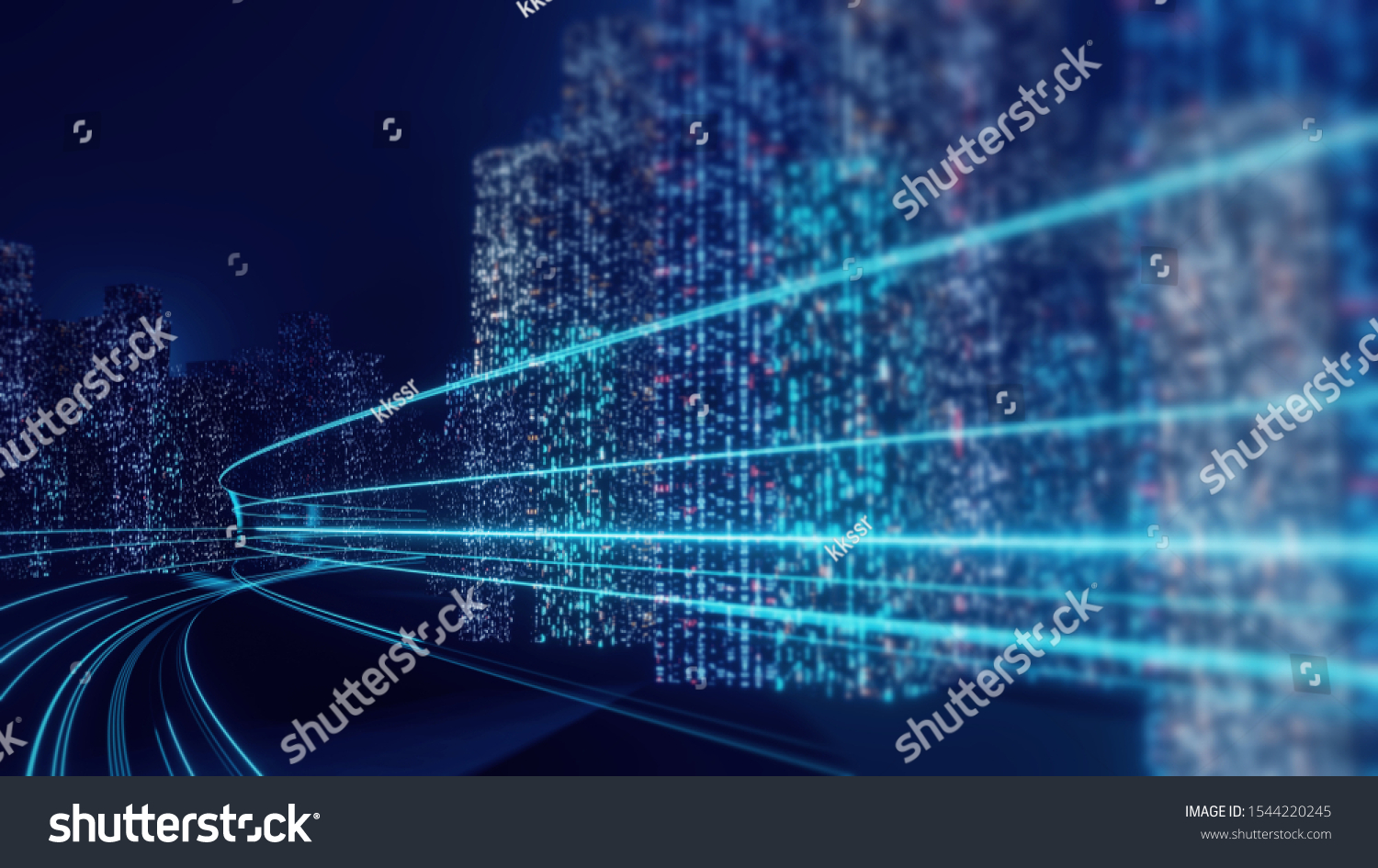 3D Rendering of abstract highway path through digital binary towers in city. Concept of big data machine learning artificial intelligence hyper loop virtual reality high speed network.